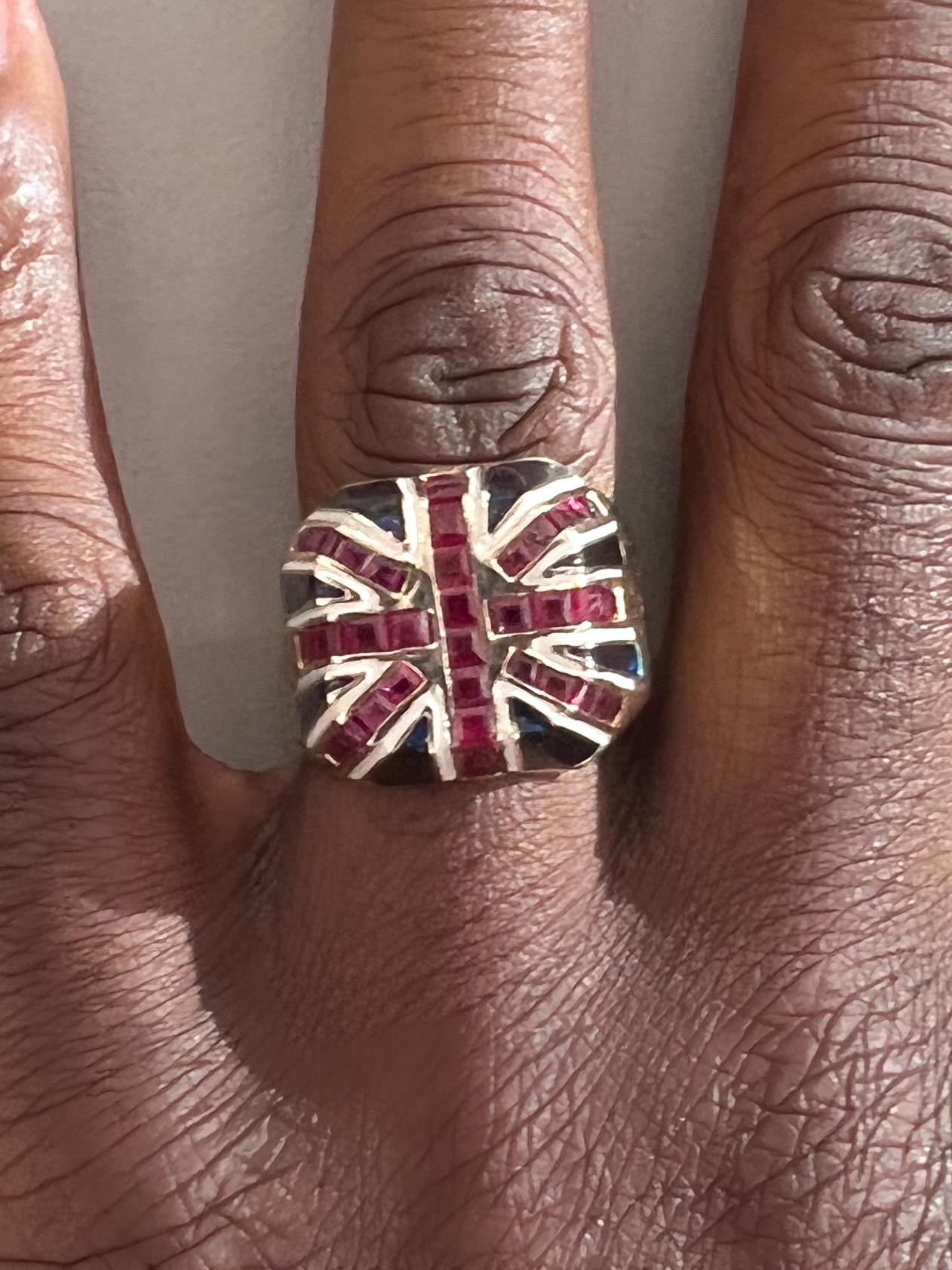 Men's Natural Ruby Union Jack Ring in 14 Karat Yellow Gold  For Sale