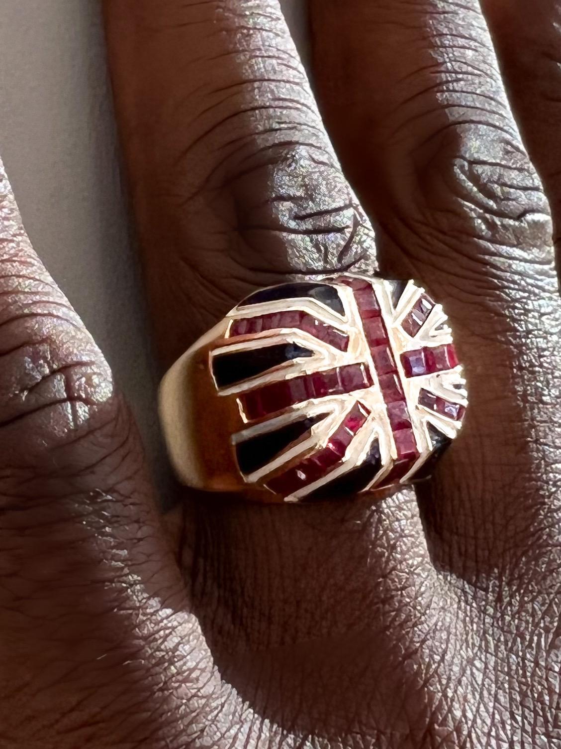 Natural Ruby Union Jack Ring in 14 Karat Yellow Gold  For Sale 1