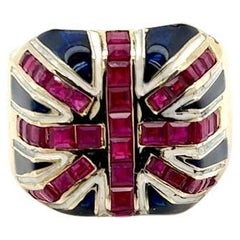 Vintage Natural Ruby Union Jack Ring in 14 Karat Yellow Gold 