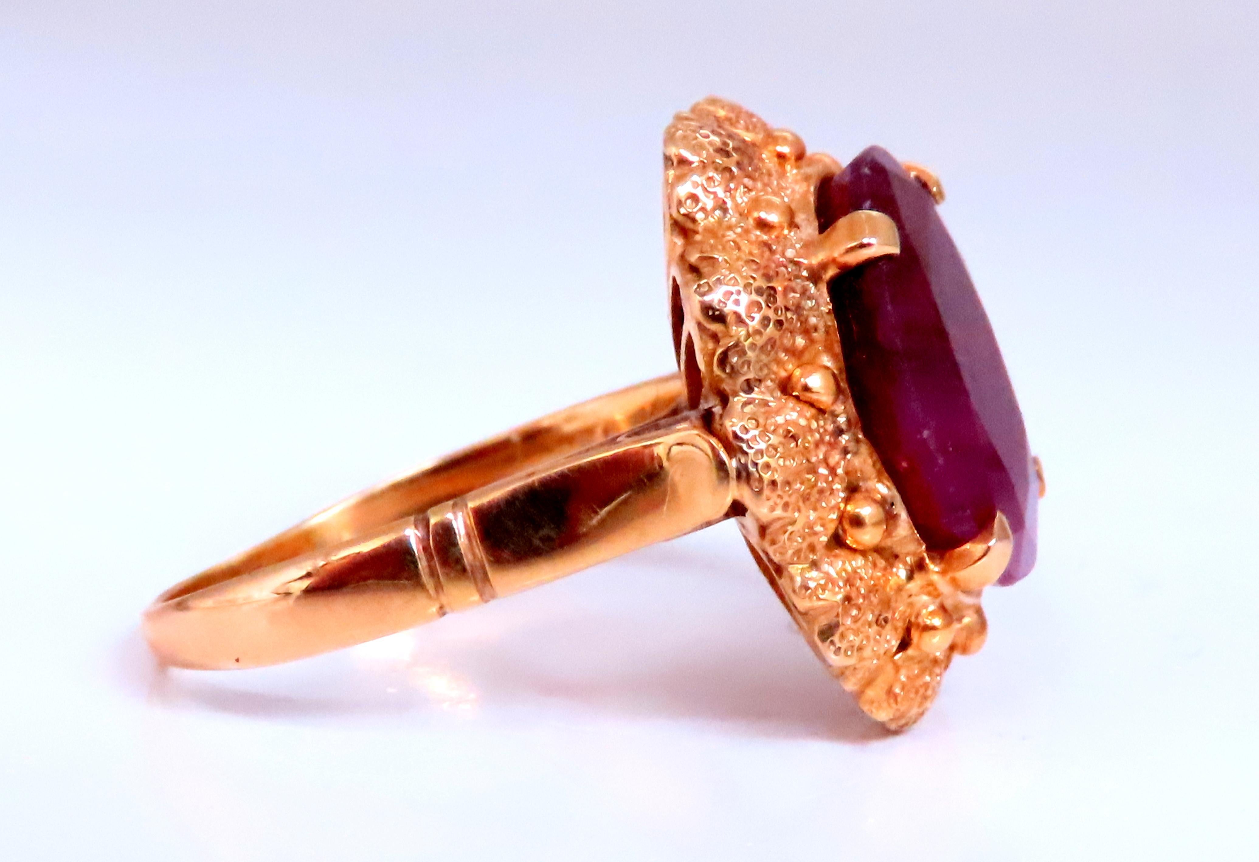 7ct Natural Ruby Ring.
Oval Cut Translucent
13 x 10mm
14kt. gold
Size 7.25
Deck: 19 x 17mm
Depth: 8.8mm
6 Grams