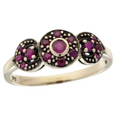 Natural Ruby Victorian Style Three Stone Cluster Ring in Solid 9K Yellow Gold