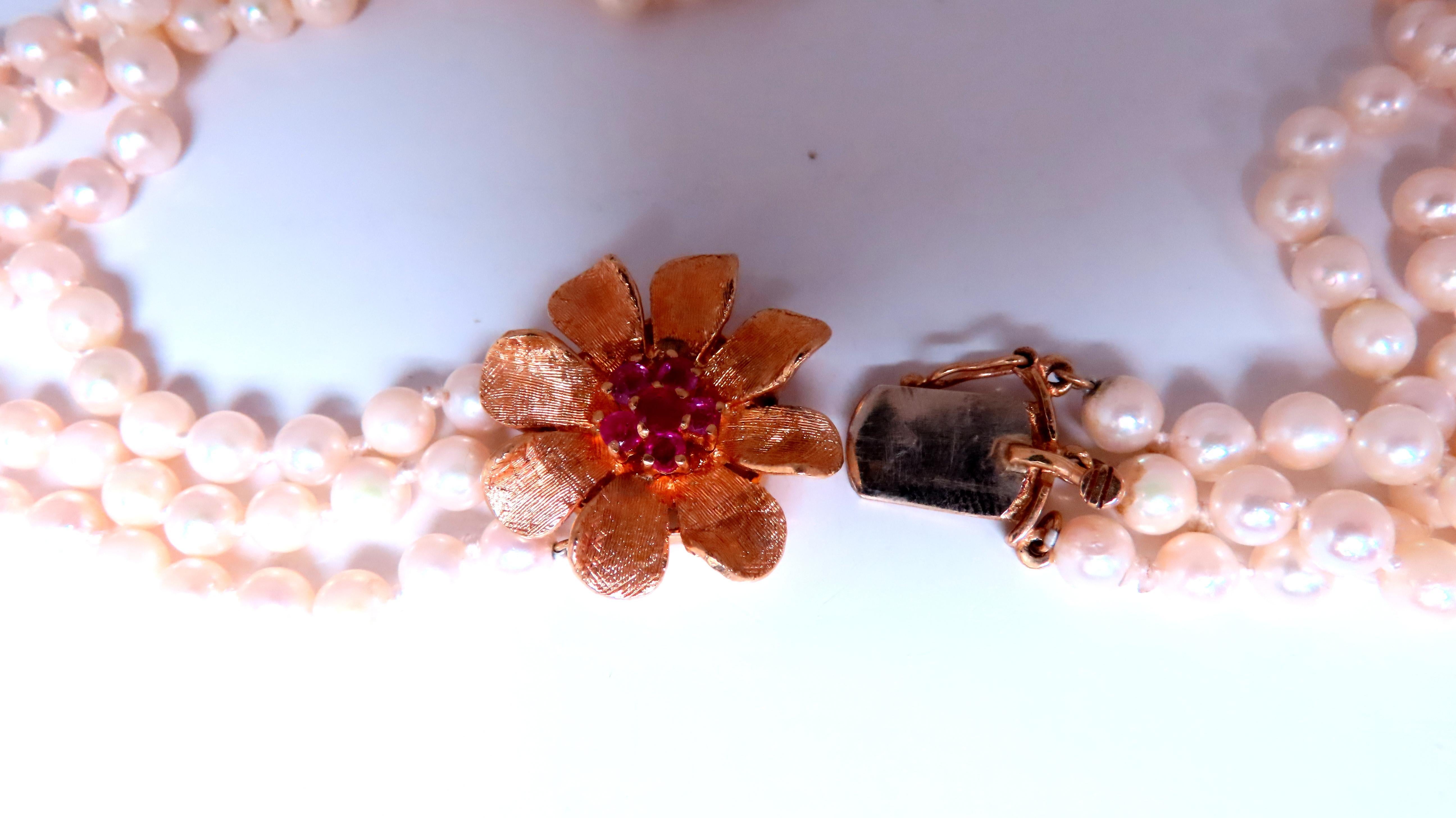 Women's or Men's Natural Ruby Vintage Pearl Stranded Necklace 14kt Gold 12391
