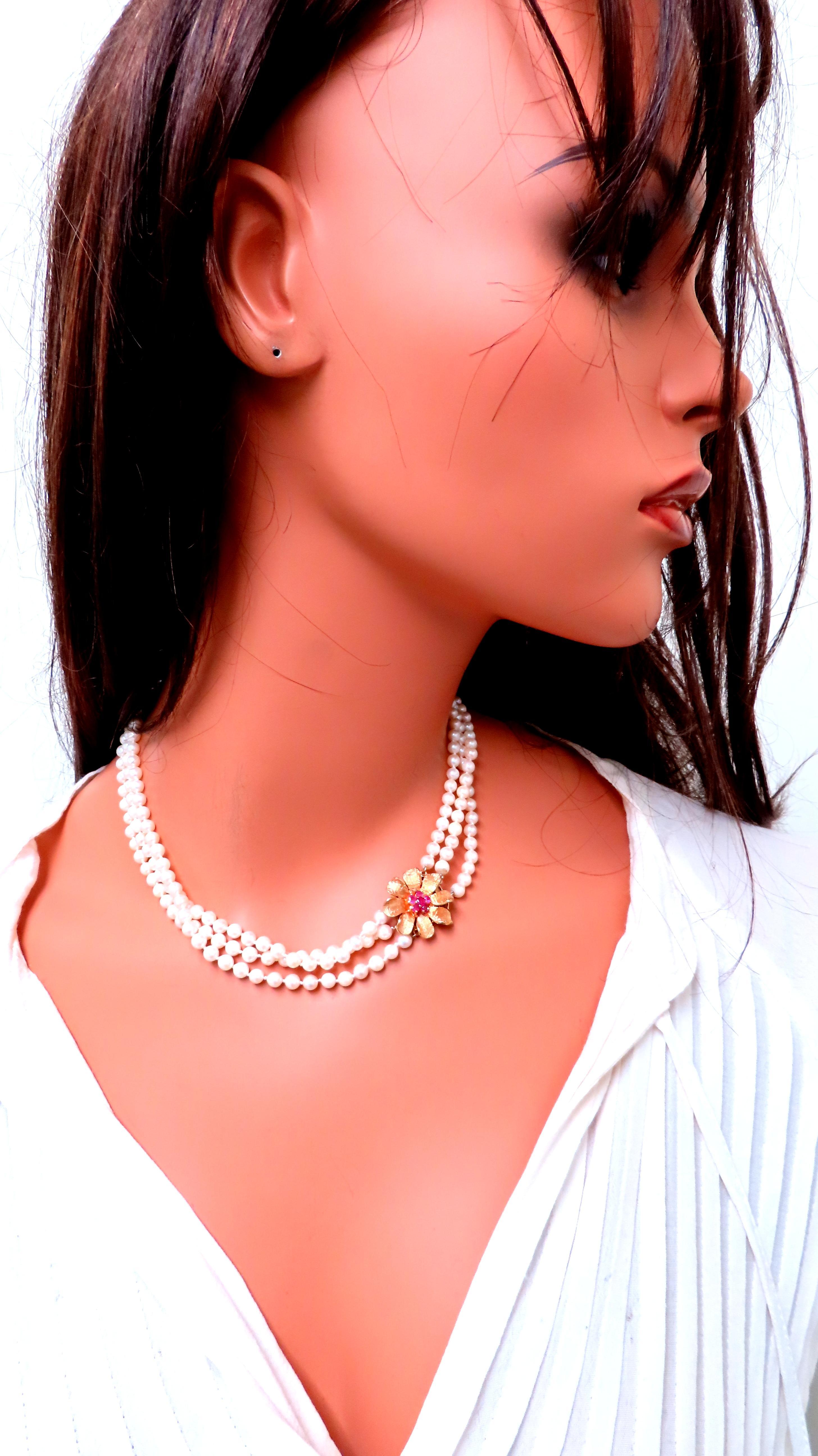 Natural Ruby Vintage Pearl Stranded Necklace 14kt Gold 12391 1