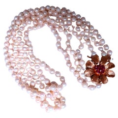Natural Ruby Vintage Pearl Stranded Necklace 14kt Gold 12391