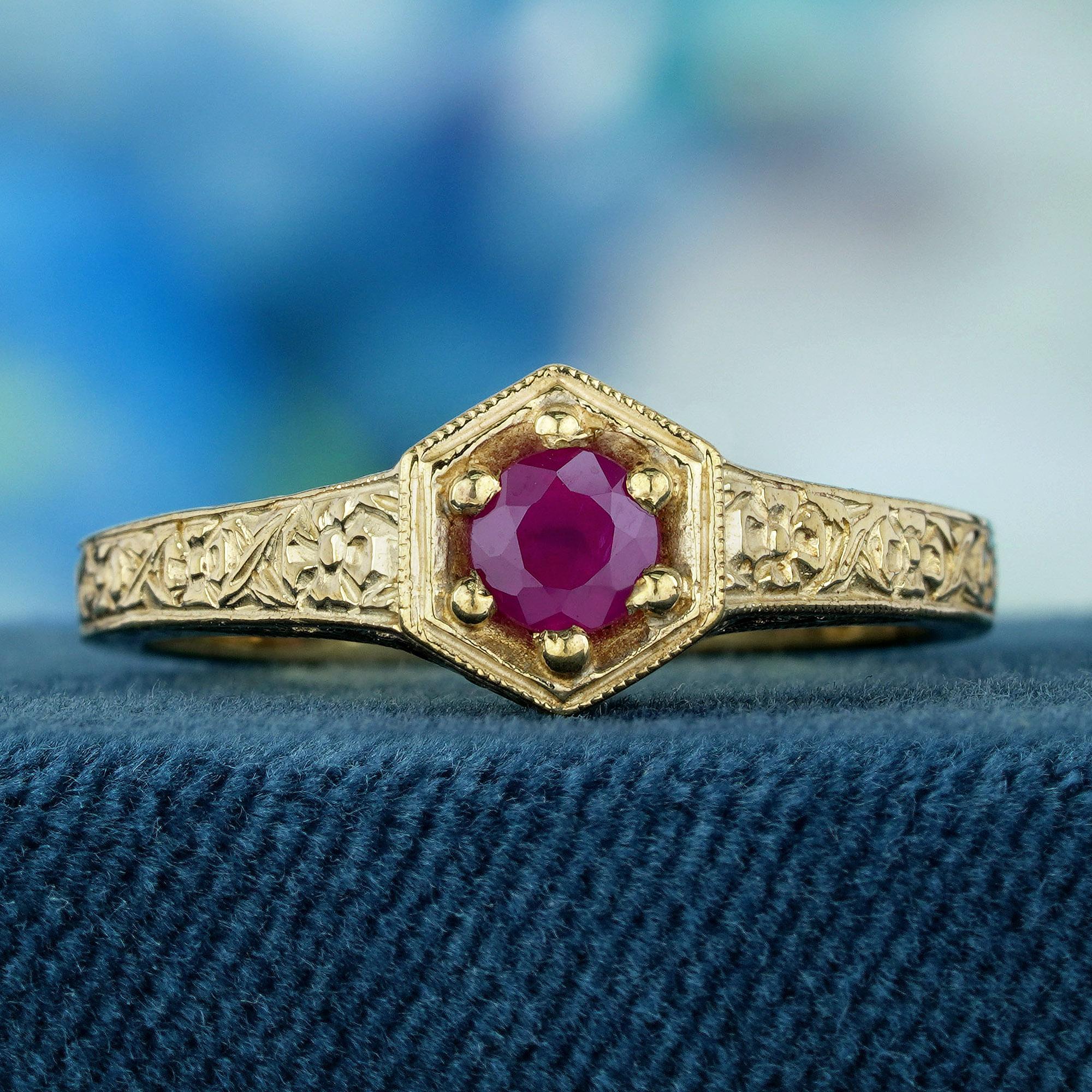 A vintage floral-inspired ring. The ring is made of yellow gold and features a round-cut gemstone in the octagonal frame on the center of the band, a masterpiece of exquisitely carved with delicate flower details across the band. It speaks of