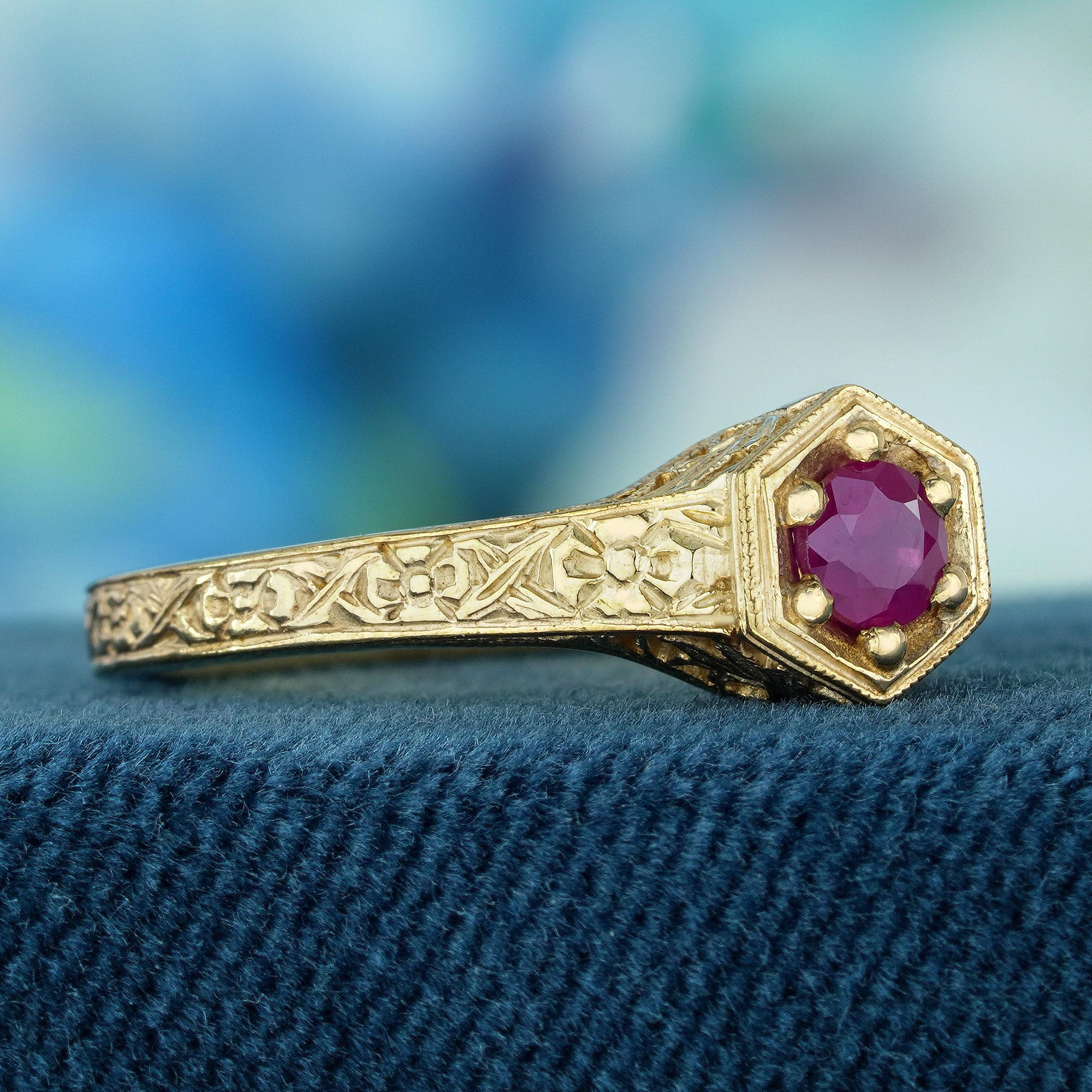 Edwardian Natural Ruby Vintage Style Carved Floral Ring in Solid 9K Yellow Gold For Sale