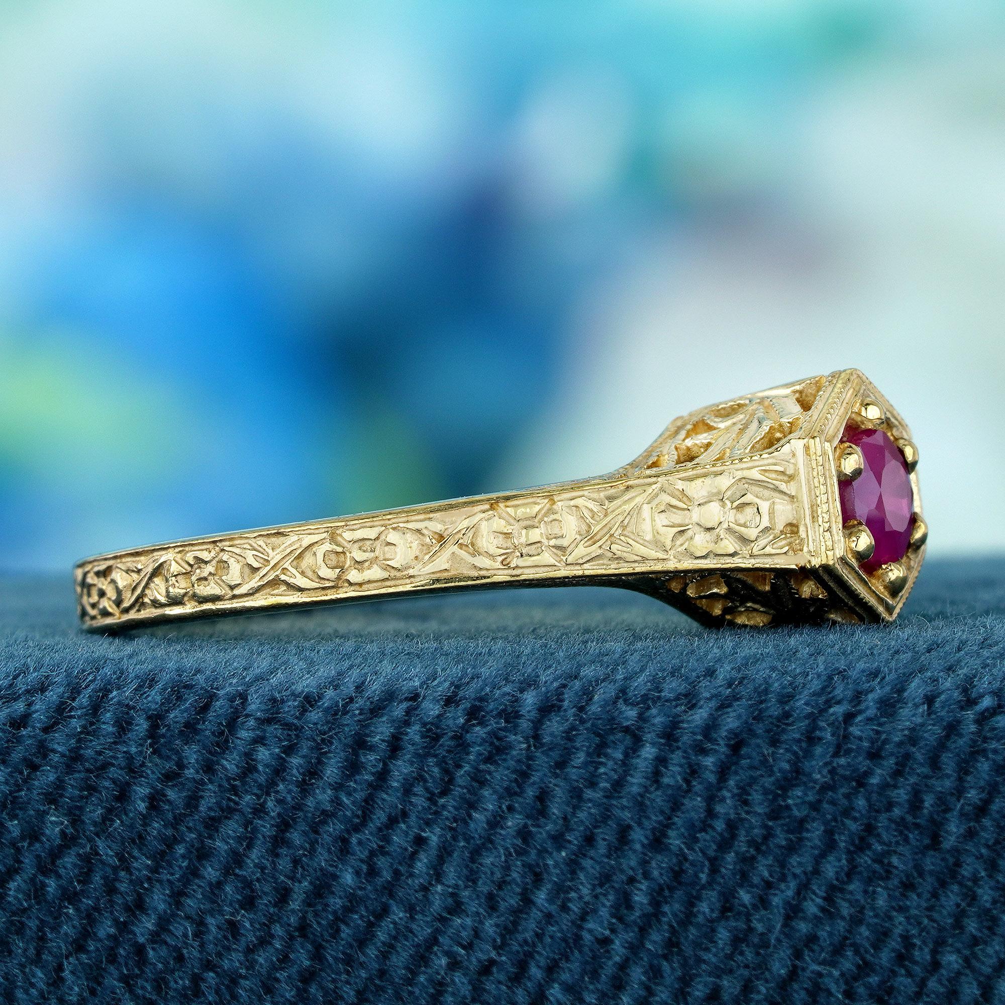 Round Cut Natural Ruby Vintage Style Carved Floral Ring in Solid 9K Yellow Gold For Sale