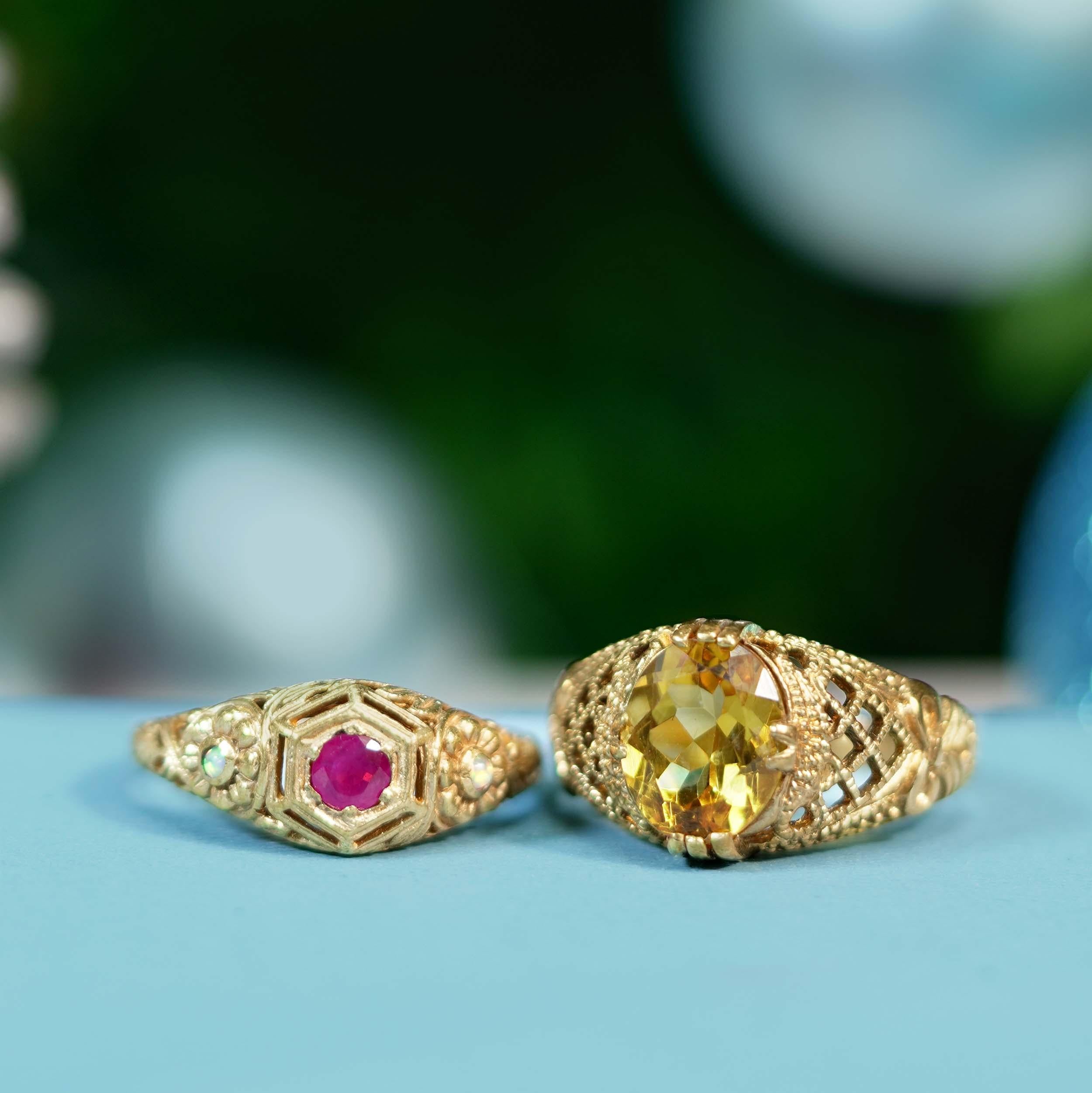 Natural Ruby Vintage Style Carved Floral Ring in Solid 9K Yellow Gold For Sale 1