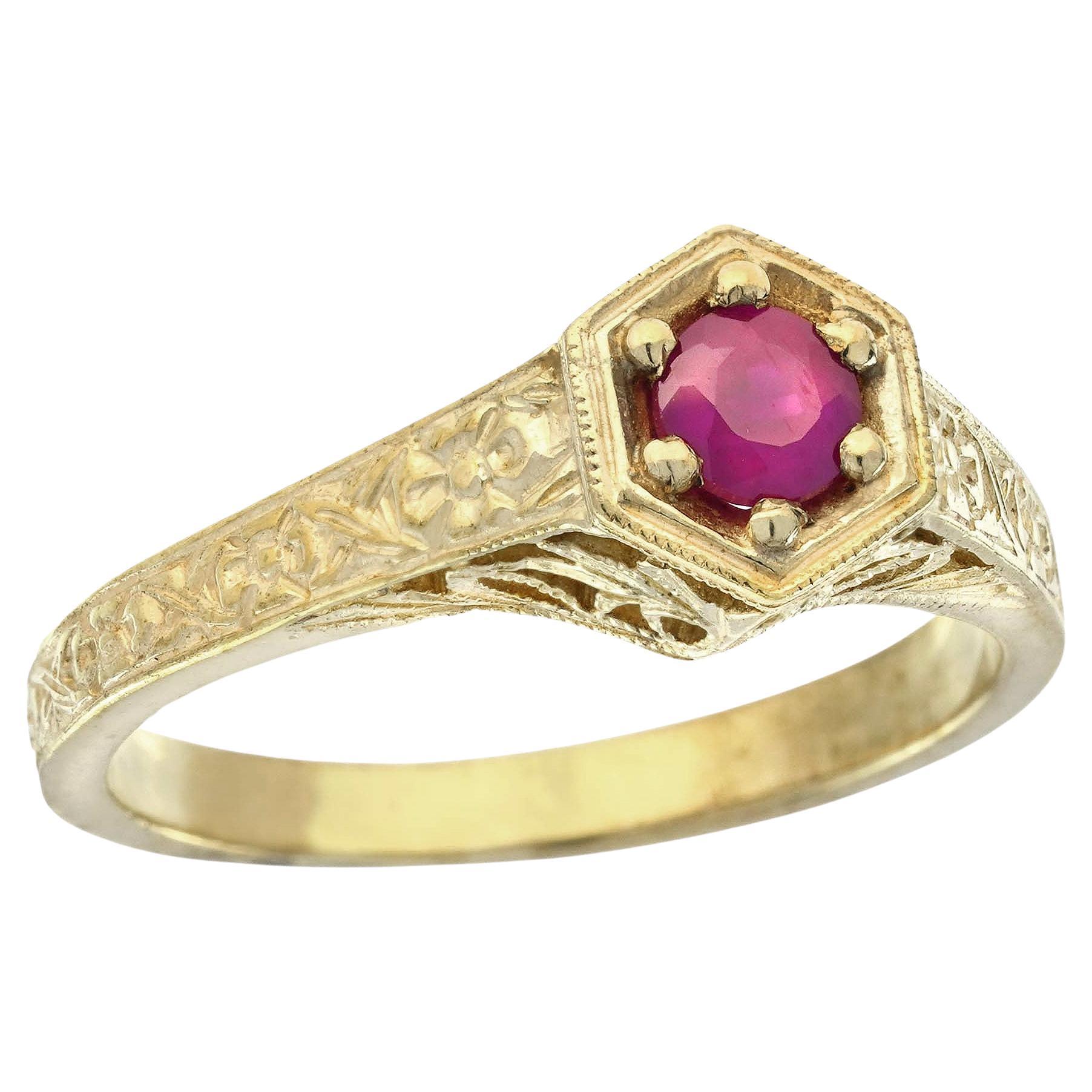 Natural Ruby Vintage Style Carved Floral Ring in Solid 9K Yellow Gold For Sale