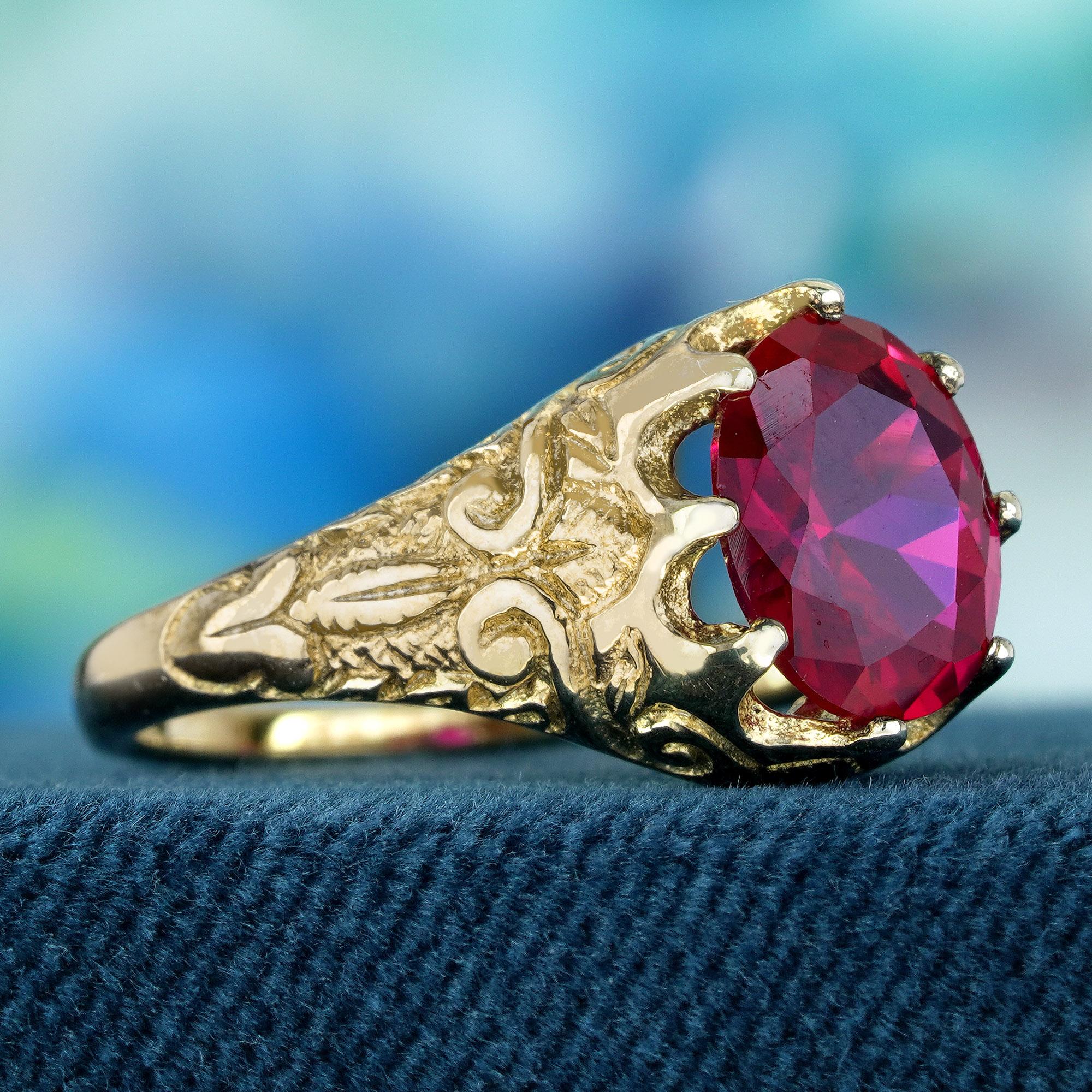 Edwardian Natural Ruby Vintage Style Carved Ring in Solid 9K Yellow Gold For Sale