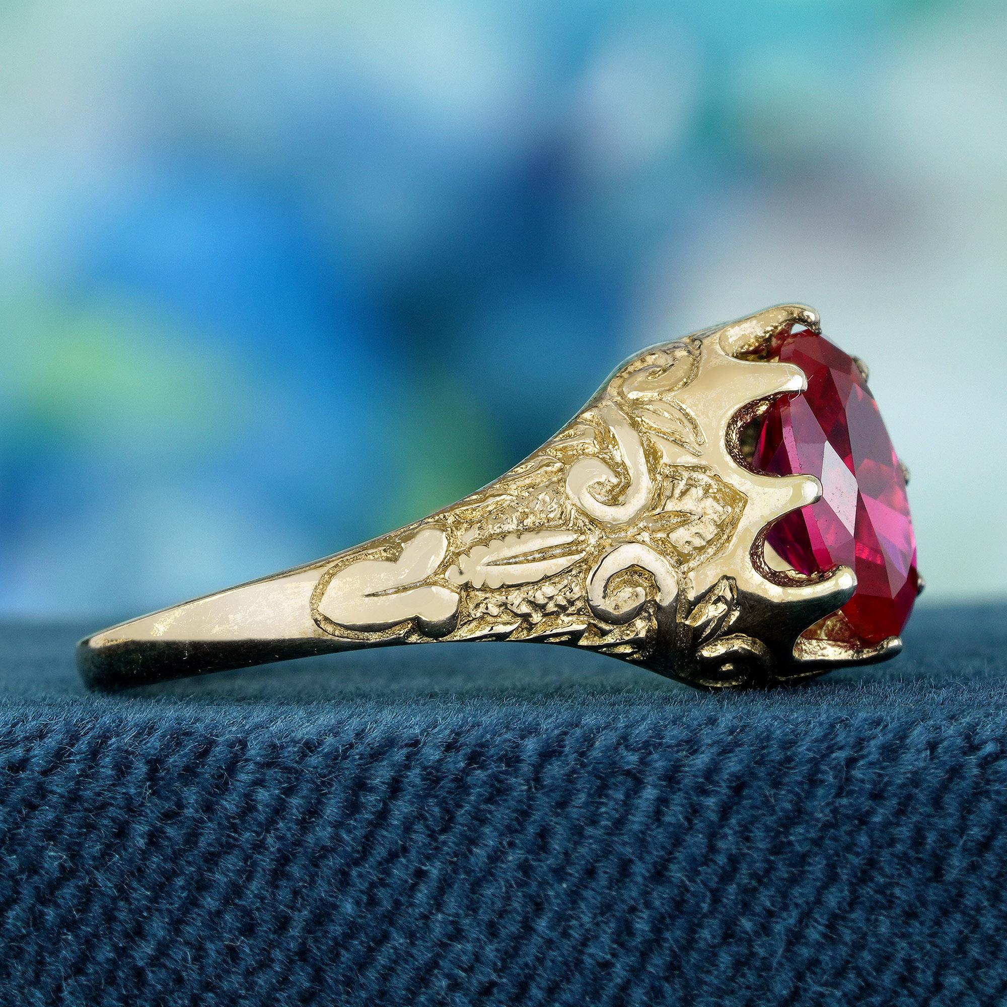 Oval Cut Natural Ruby Vintage Style Carved Ring in Solid 9K Yellow Gold For Sale