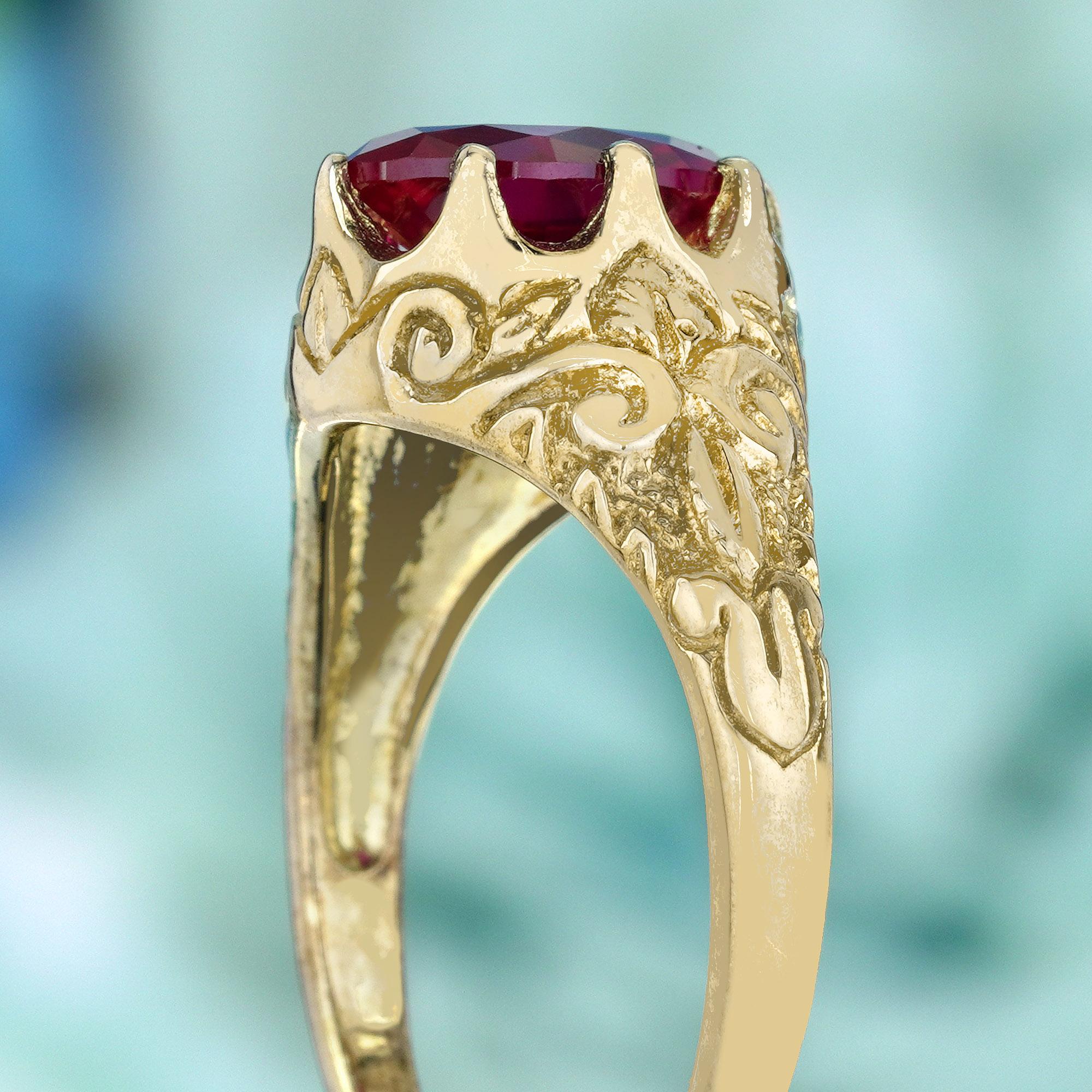 Women's Natural Ruby Vintage Style Carved Ring in Solid 9K Yellow Gold For Sale