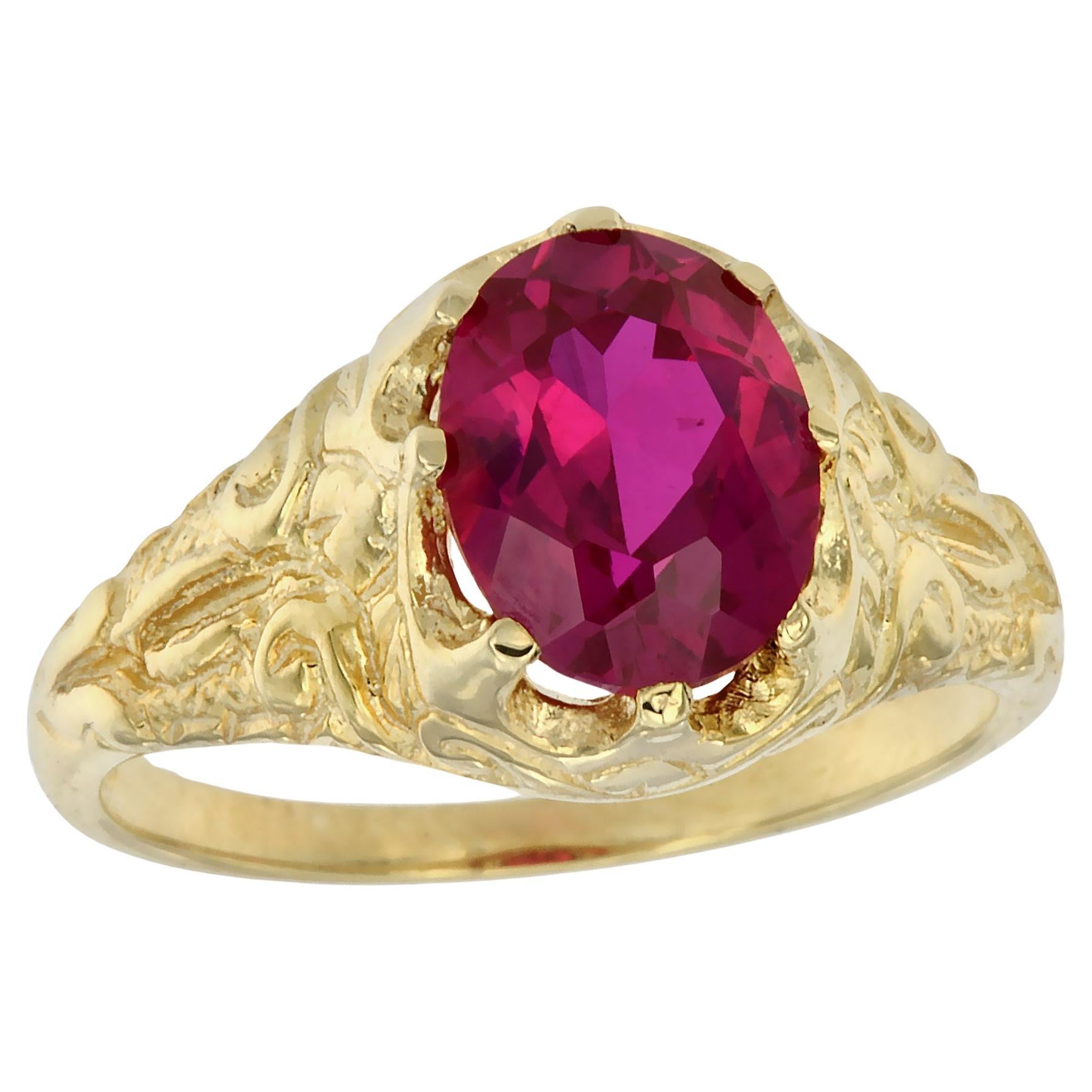 Natural Ruby Vintage Style Carved Ring in Solid 9K Yellow Gold For Sale