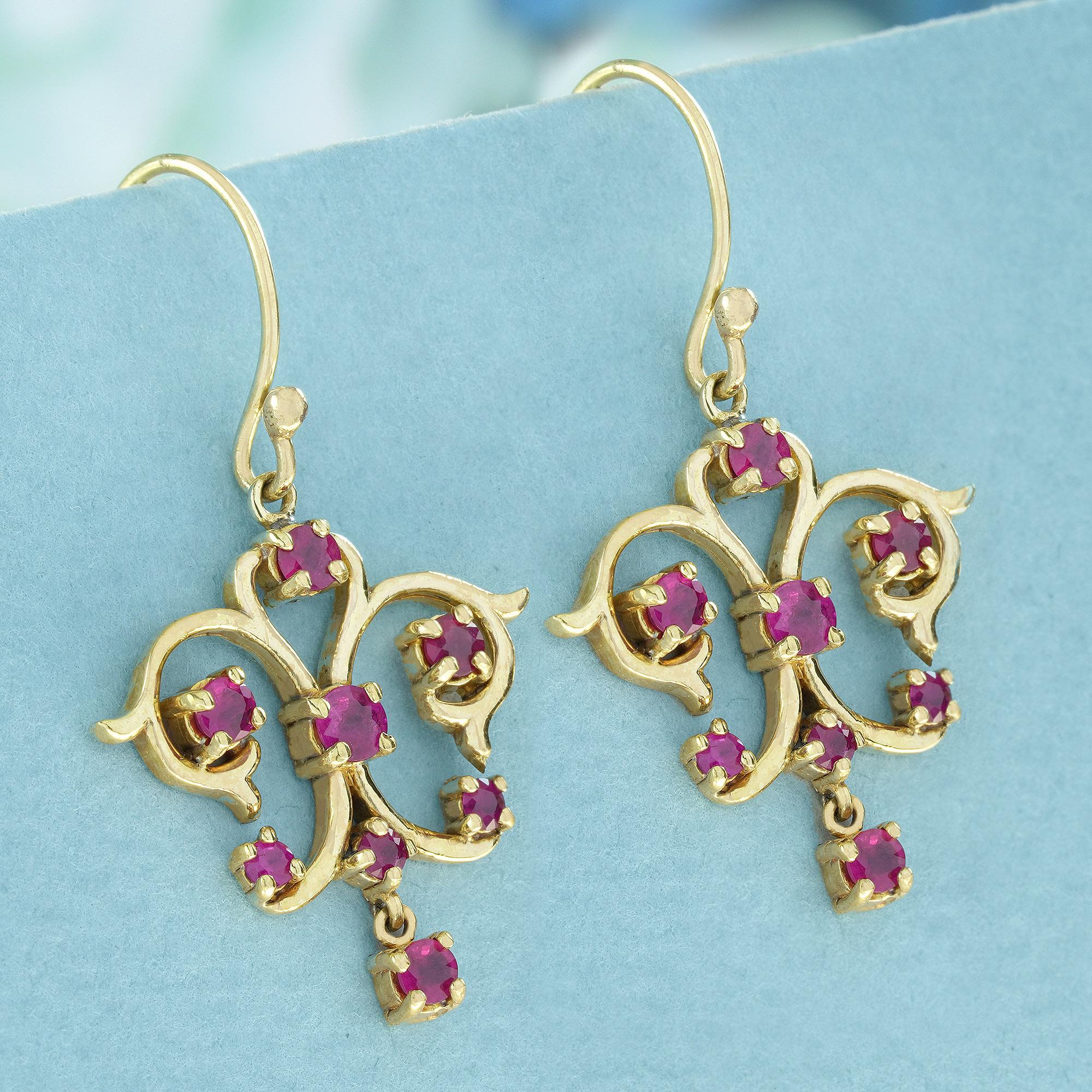 Edwardian Natural Ruby Vintage Style Dangle Earrings in 9K Yellow Gold For Sale