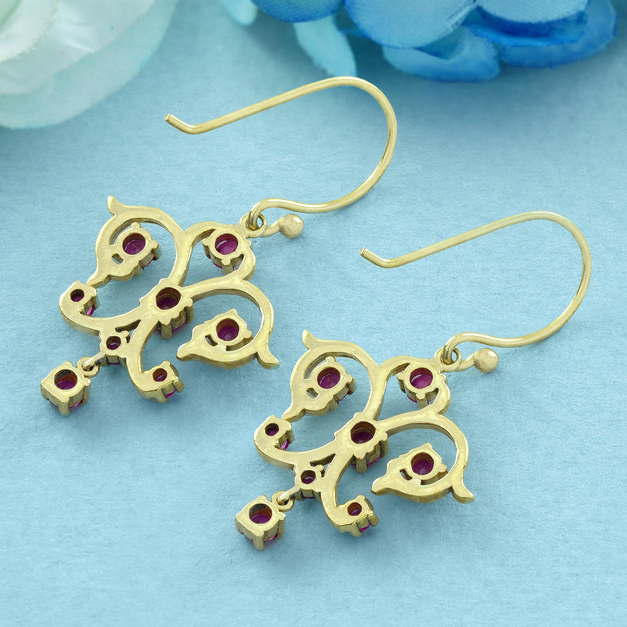 Round Cut Natural Ruby Vintage Style Dangle Earrings in 9K Yellow Gold For Sale