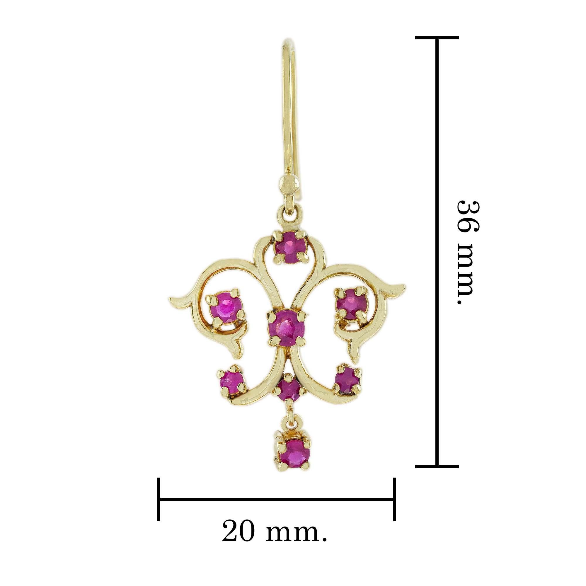 Natural Ruby Vintage Style Dangle Earrings in 9K Yellow Gold In New Condition For Sale In Bangkok, TH