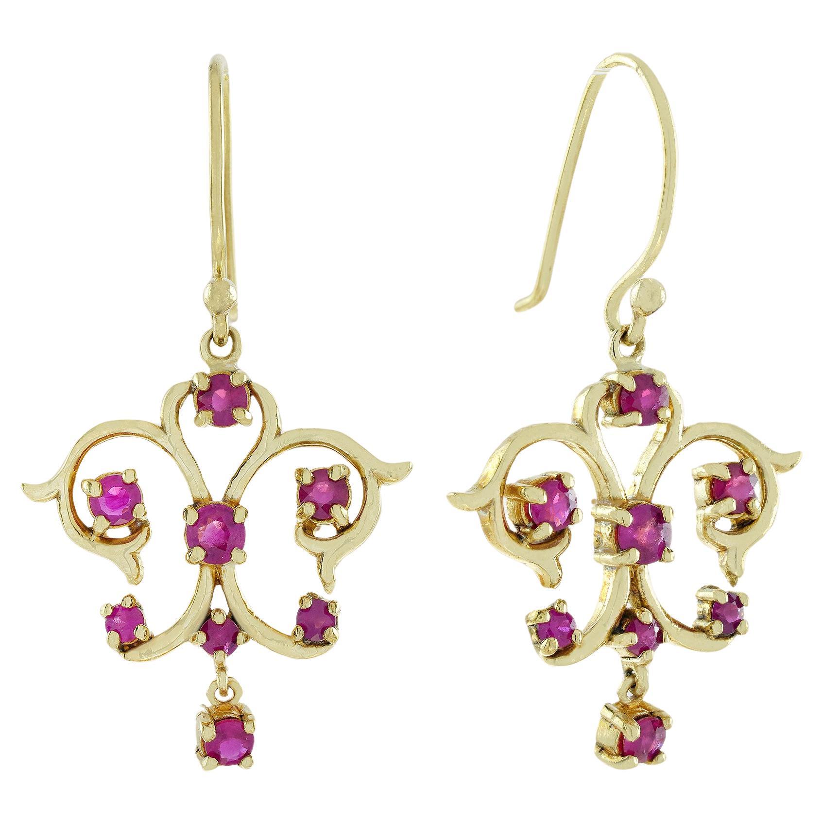 Natural Ruby Vintage Style Dangle Earrings in 9K Yellow Gold For Sale