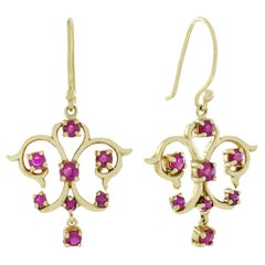 Natural Ruby Vintage Style Dangle Earrings in 9K Yellow Gold