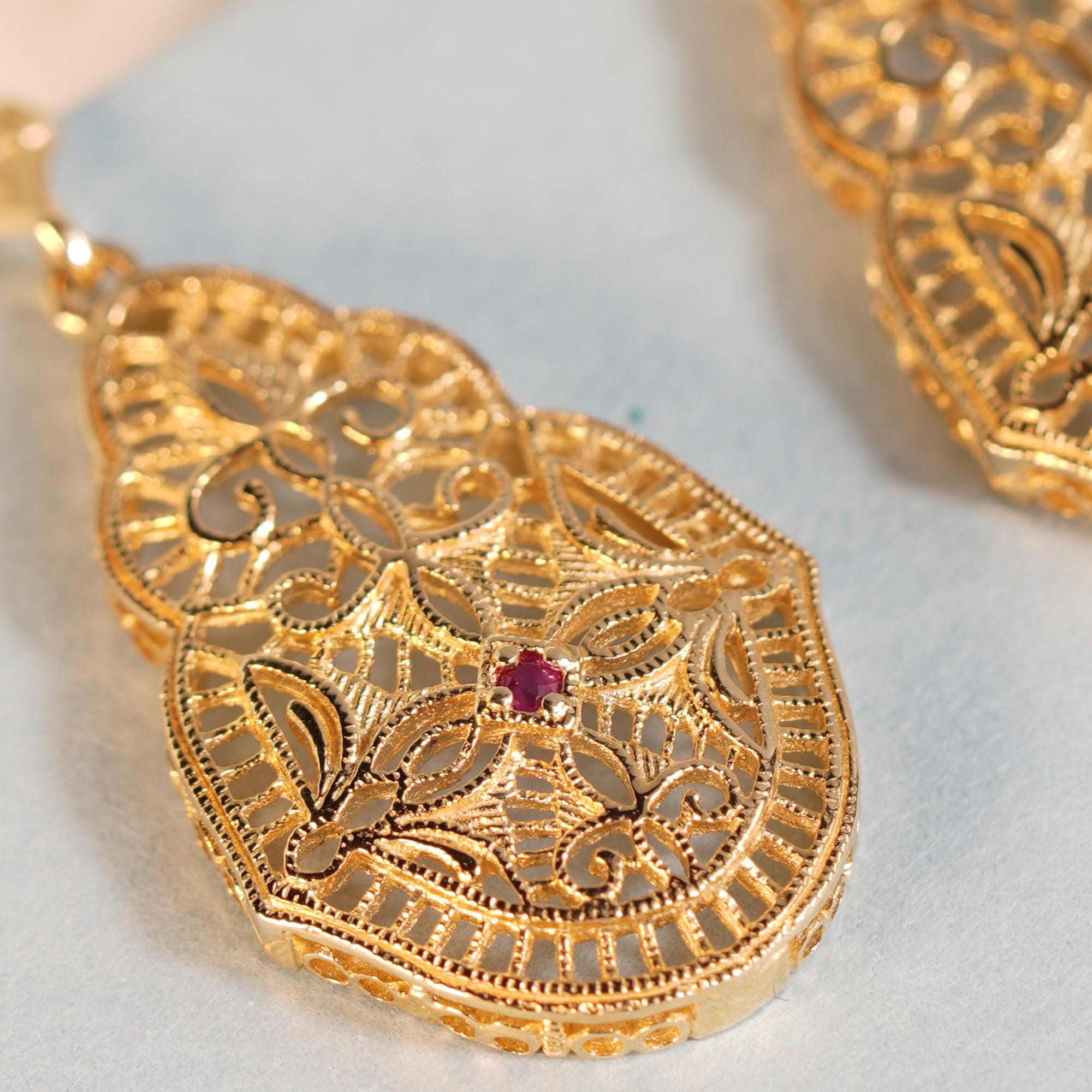 Women's Natural Ruby Vintage Style Filigree Dangle Earrings in Solid 9K Gold For Sale