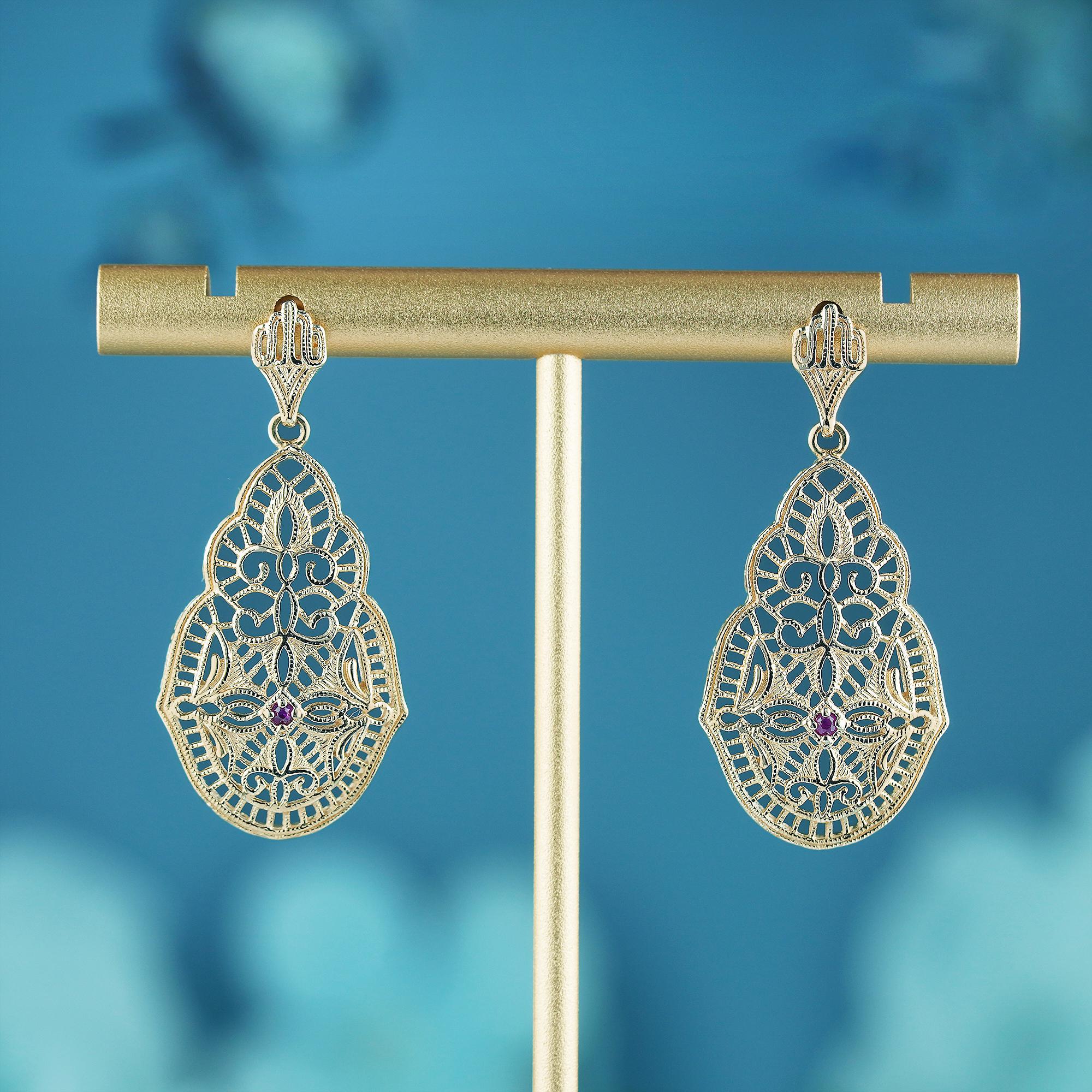 Add a delicate and unique aesthetic to your look with these filigree earrings by GEMMA FILIGREE. Our antique design gold filigree earrings equate to delicacy and light openwork, while maintains strength for everyday wear for a lifetime.

The earring