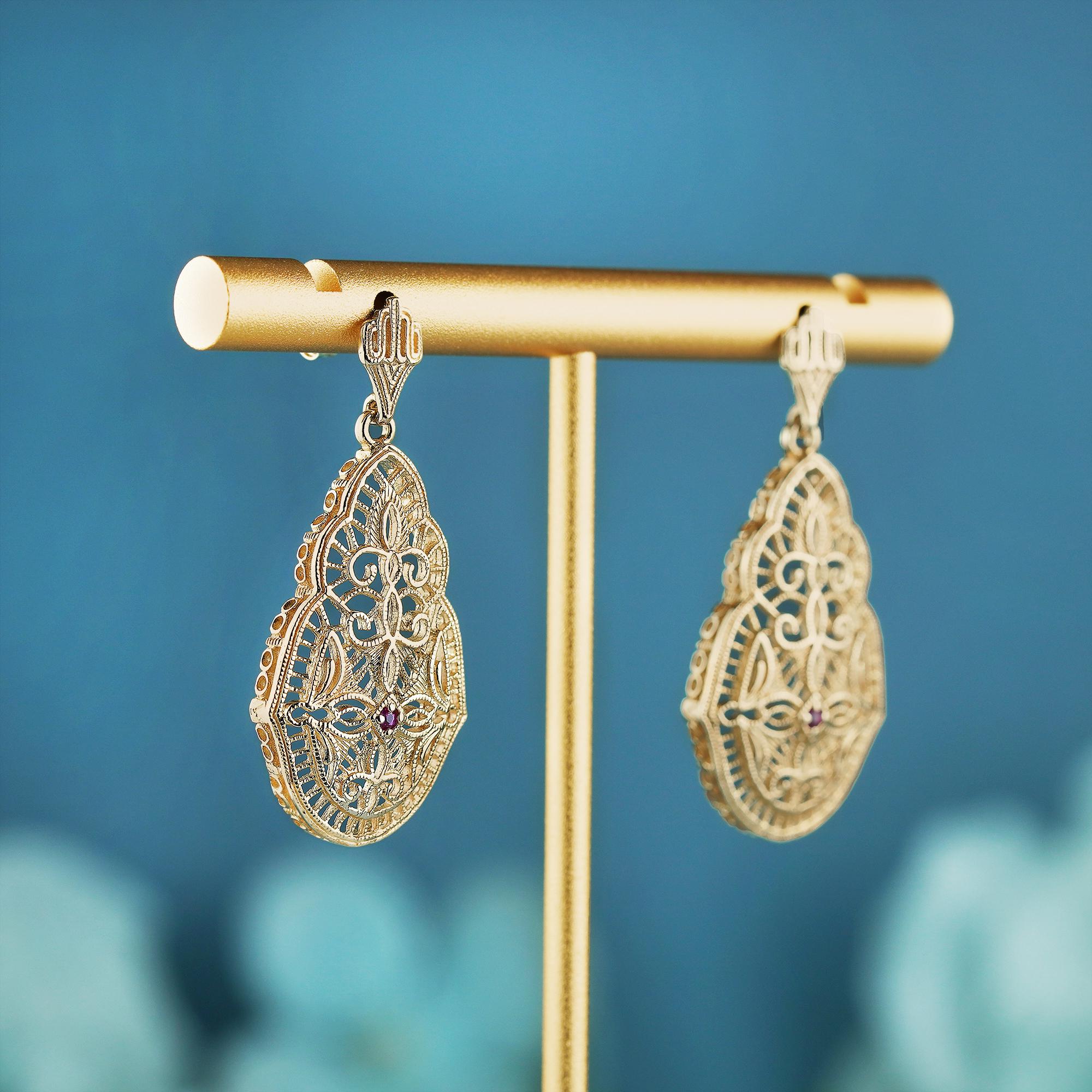 Edwardian Natural Ruby Vintage Style Filigree Dangle Earrings in Solid 9K Gold For Sale