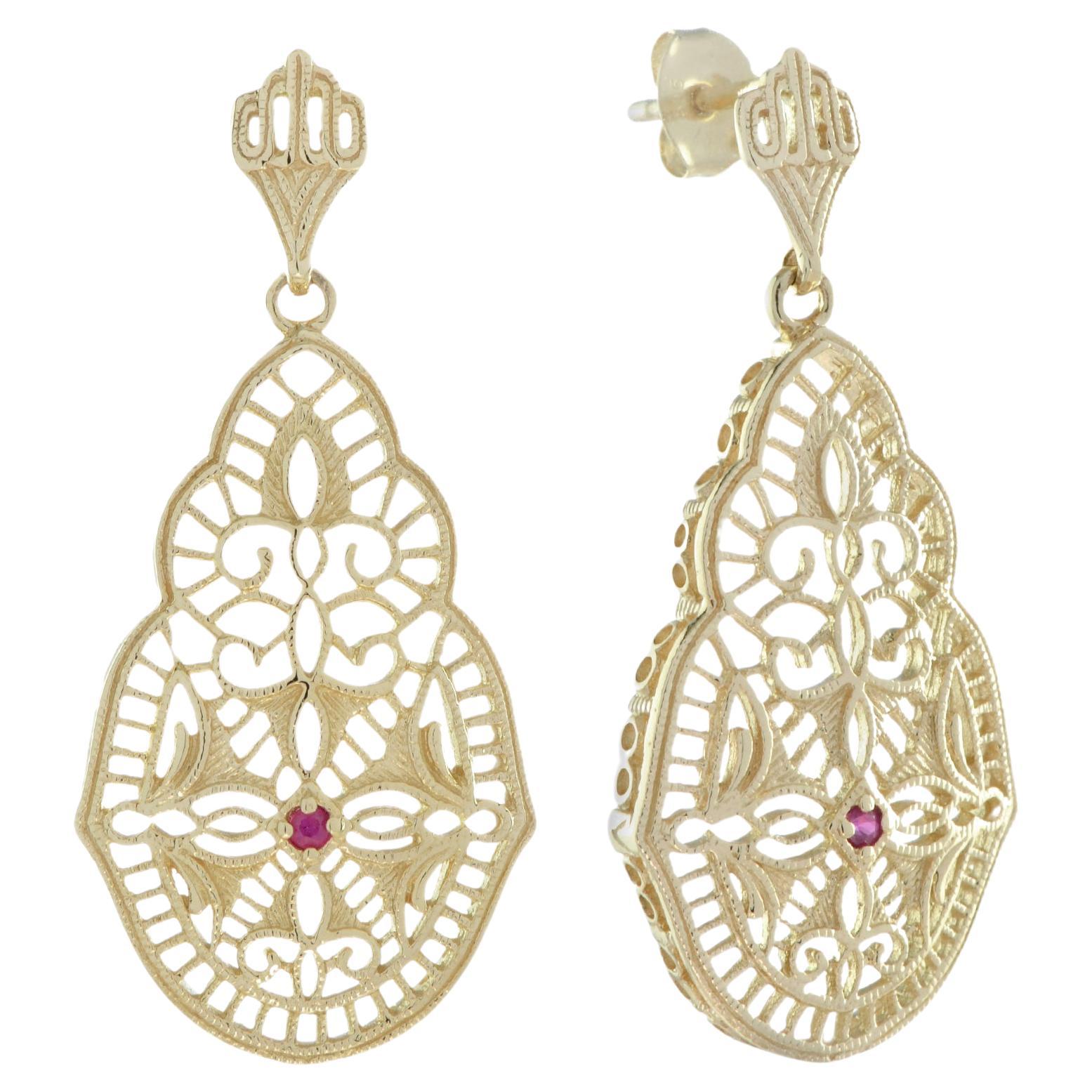 Natural Ruby Vintage Style Filigree Dangle Earrings in Solid 9K Gold For Sale