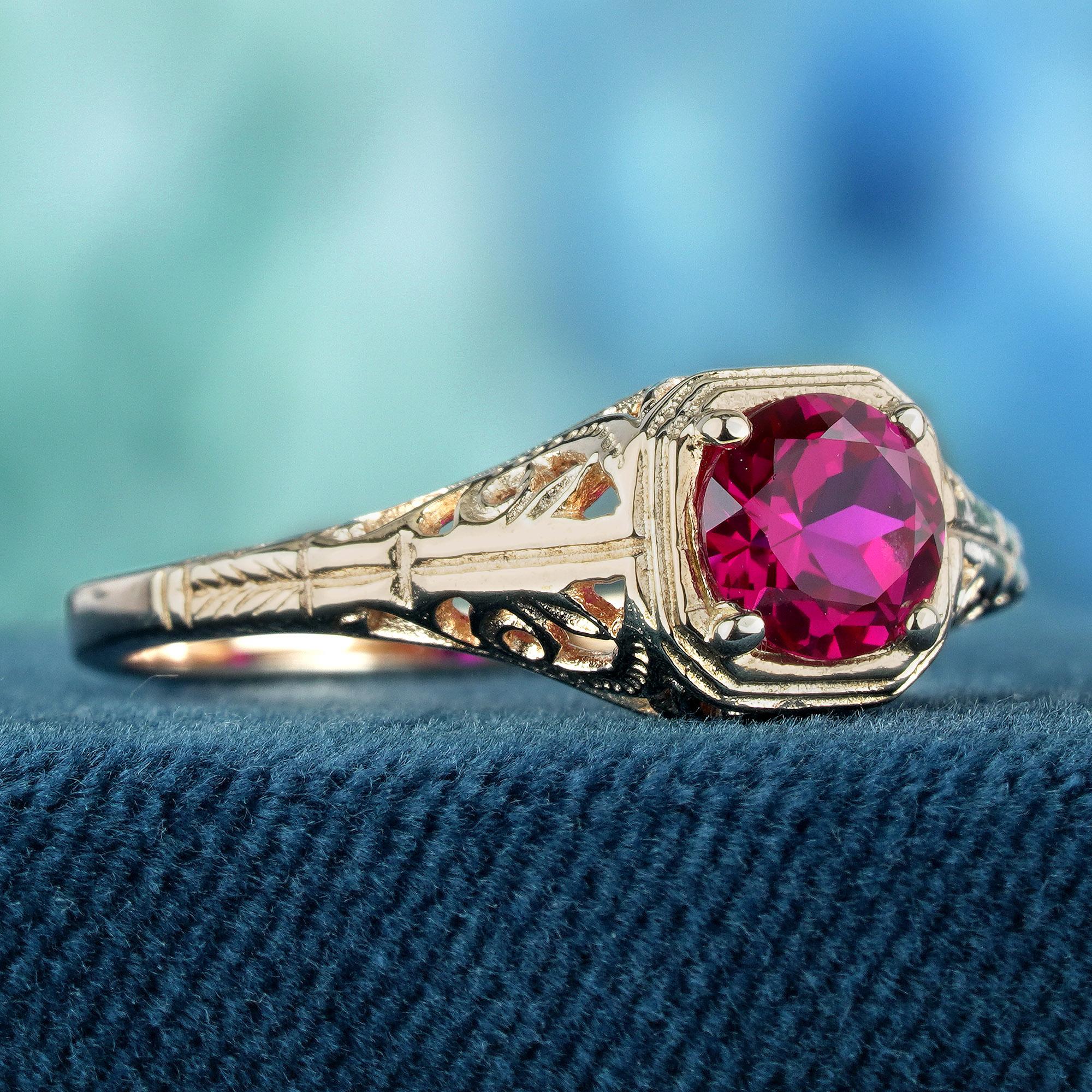 Edwardian Natural Ruby Vintage Style Filigree Ring in Solid 9K Rose Gold For Sale