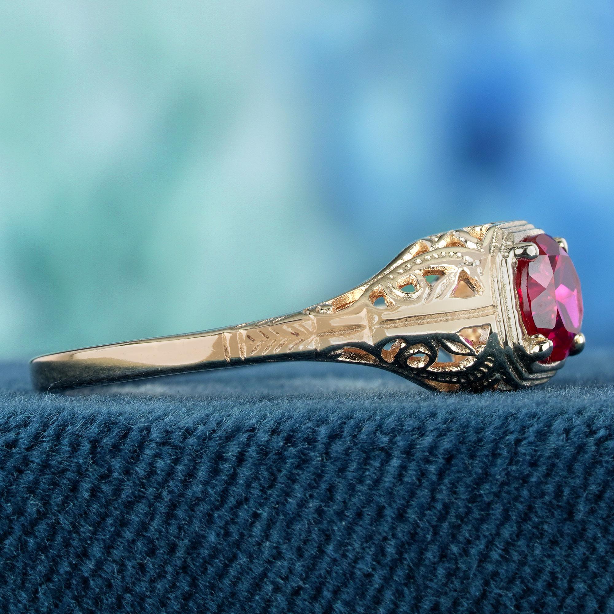 Edwardian Natural Ruby Vintage Style Filigree Ring in Solid 9K Rose Gold For Sale