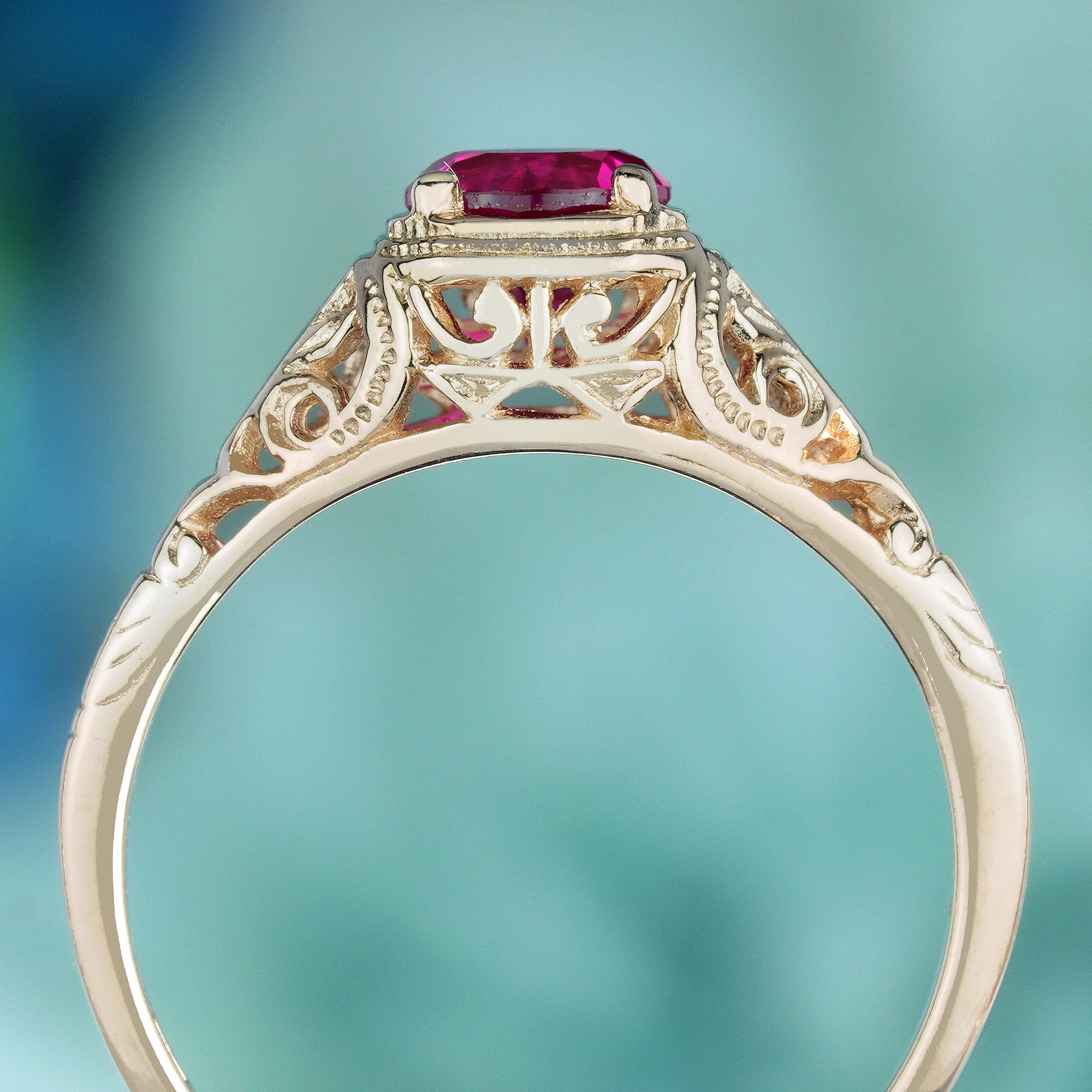 Natural Ruby Vintage Style Filigree Ring in Solid 9K Rose Gold In New Condition For Sale In Bangkok, TH