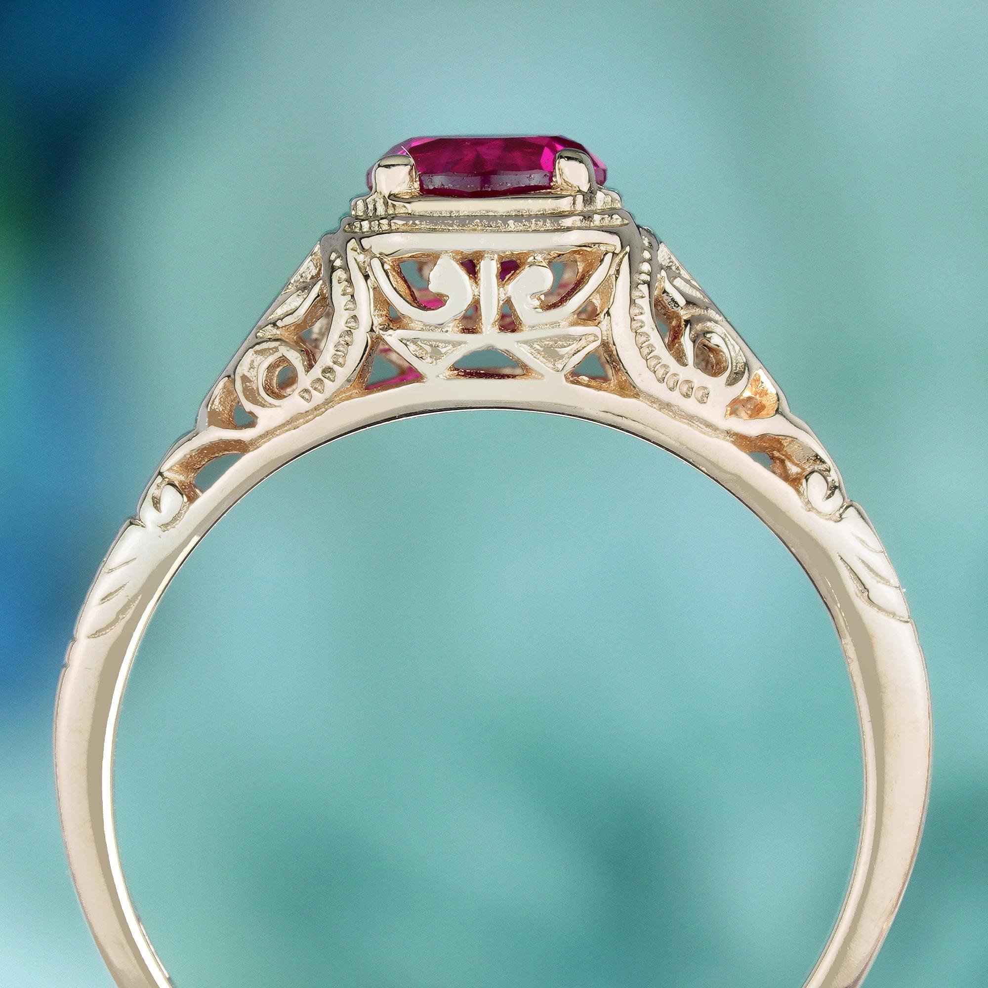 Round Cut Natural Ruby Vintage Style Filigree Ring in Solid 9K Rose Gold For Sale
