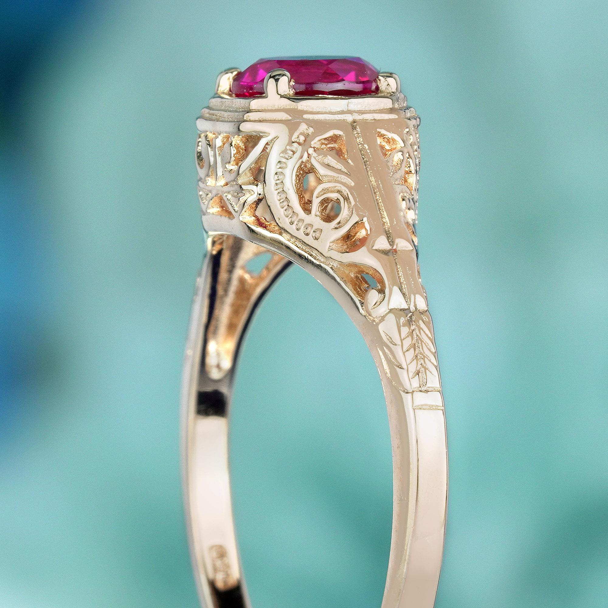 Natural Ruby Vintage Style Filigree Ring in Solid 9K Rose Gold In New Condition For Sale In Bangkok, TH