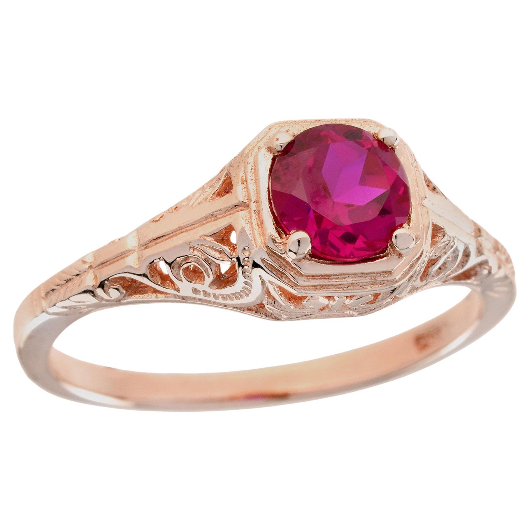 Filigraner Vintage-Ring aus massivem 9K Roségold mit natürlichem Rubin im Vintage-Stil