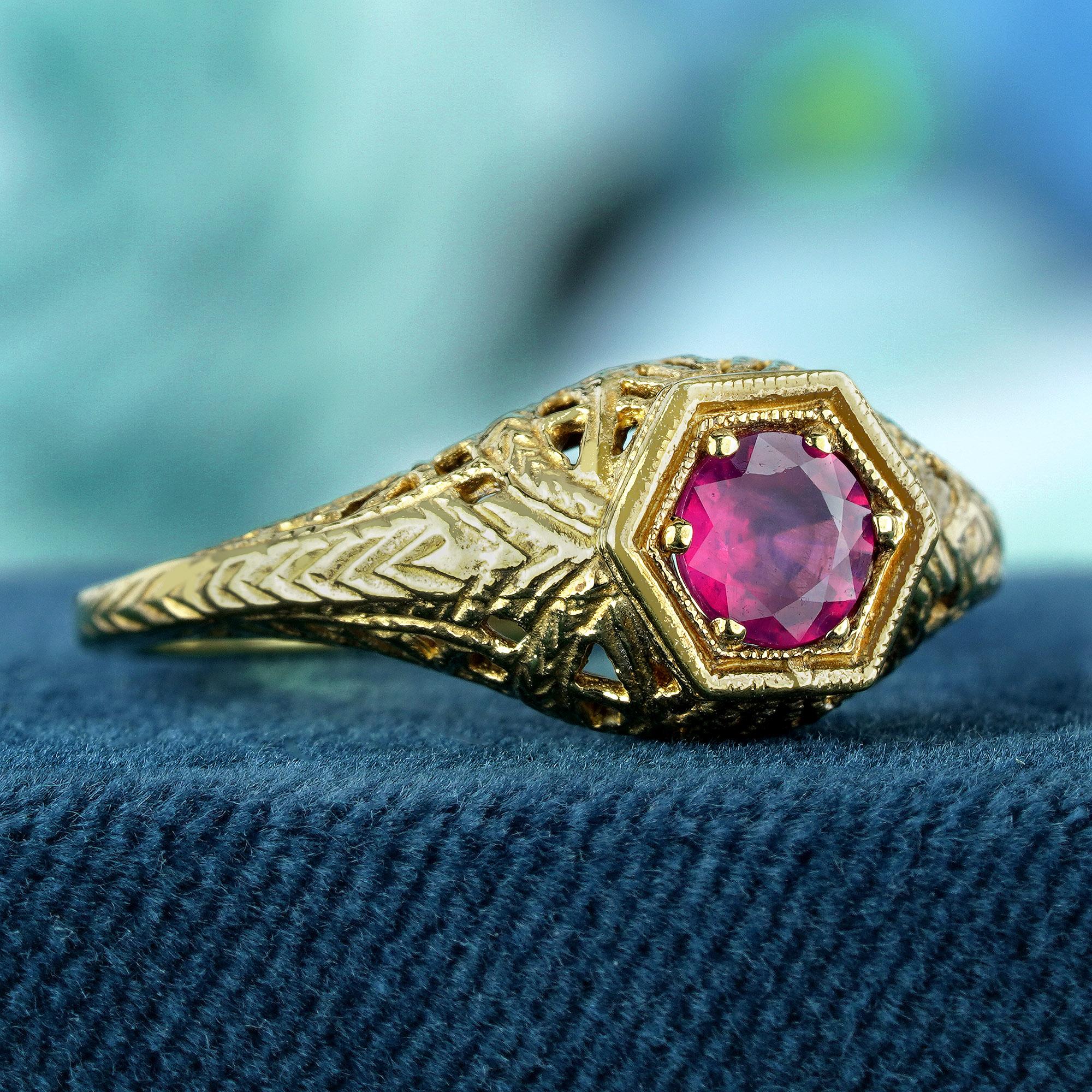 Edwardian Natural Ruby Vintage Style Filigree Ring in Solid 9K Yellow Gold For Sale