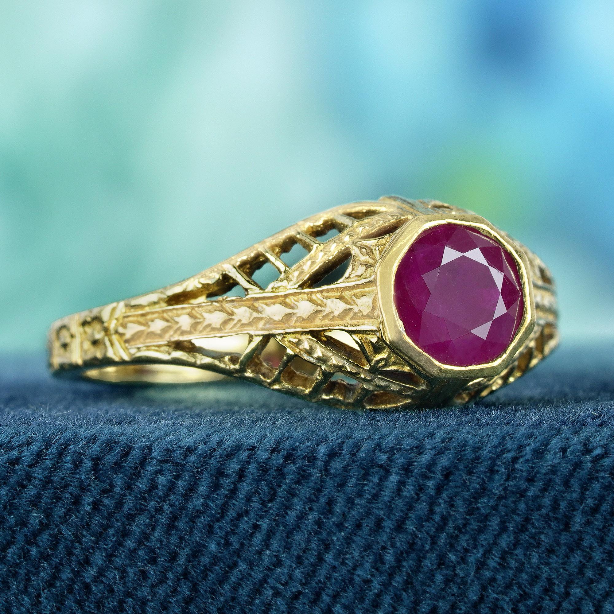 Edwardian Natural Ruby Vintage Style Filigree Ring in Solid 9K Yellow Gold For Sale