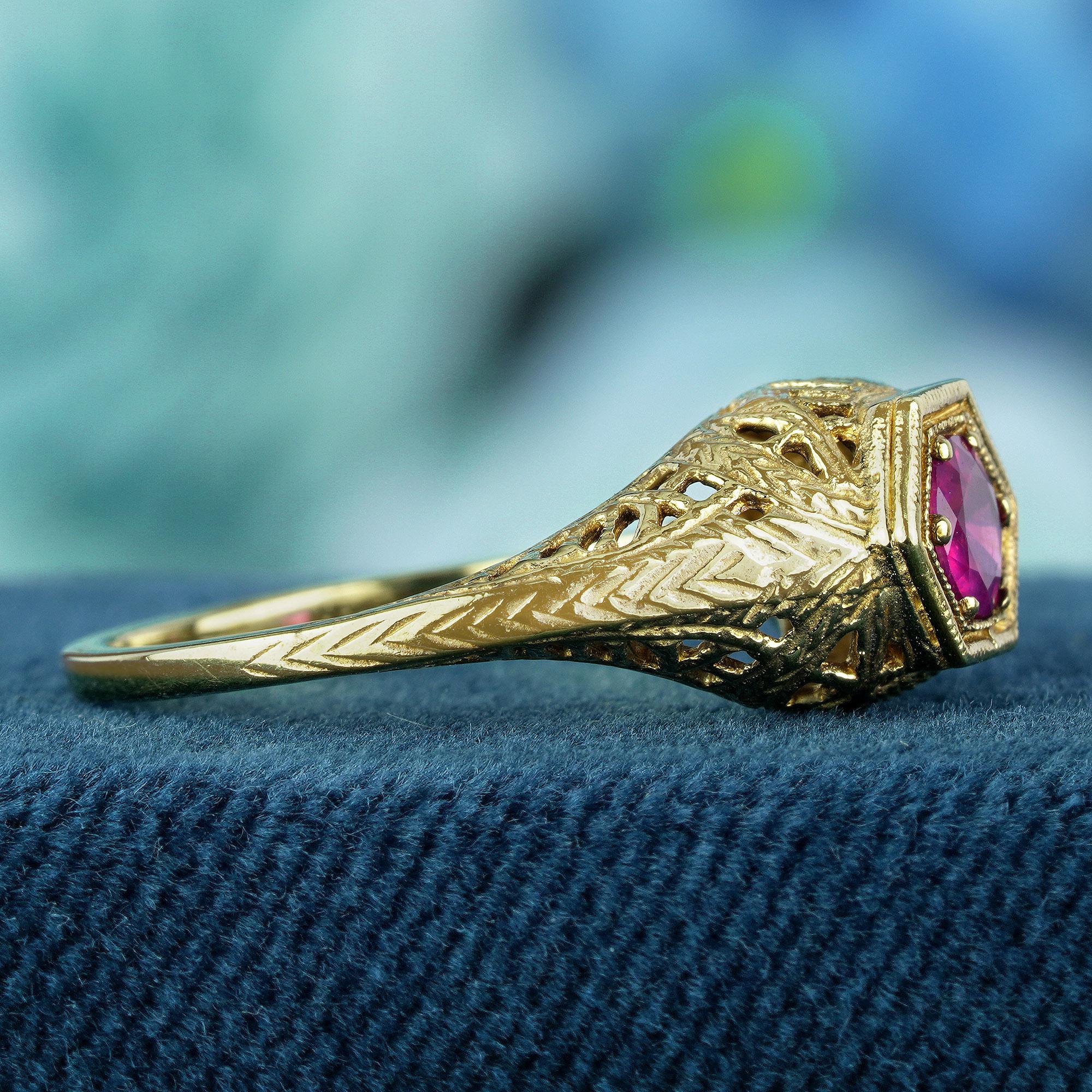 Round Cut Natural Ruby Vintage Style Filigree Ring in Solid 9K Yellow Gold For Sale