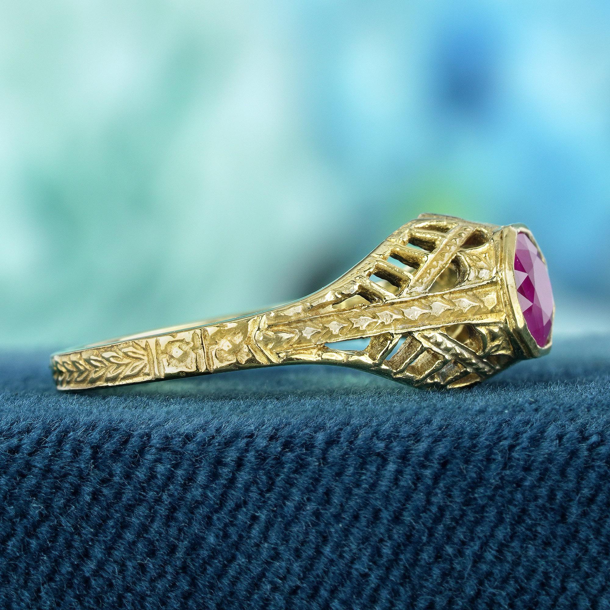 Round Cut Natural Ruby Vintage Style Filigree Ring in Solid 9K Yellow Gold For Sale