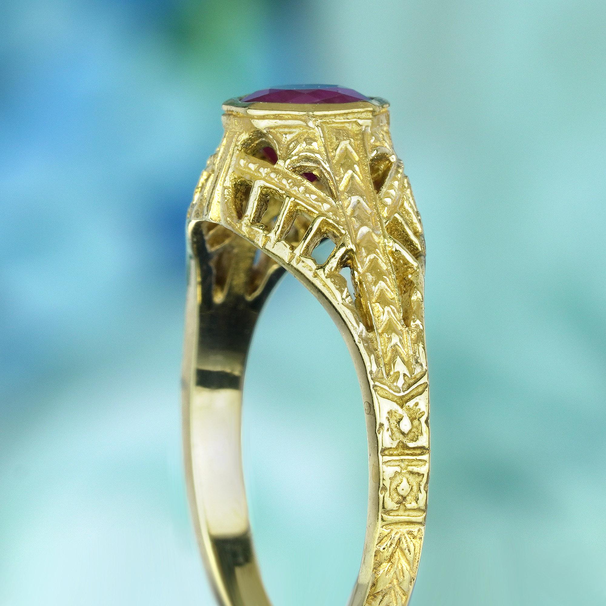 Women's Natural Ruby Vintage Style Filigree Ring in Solid 9K Yellow Gold For Sale