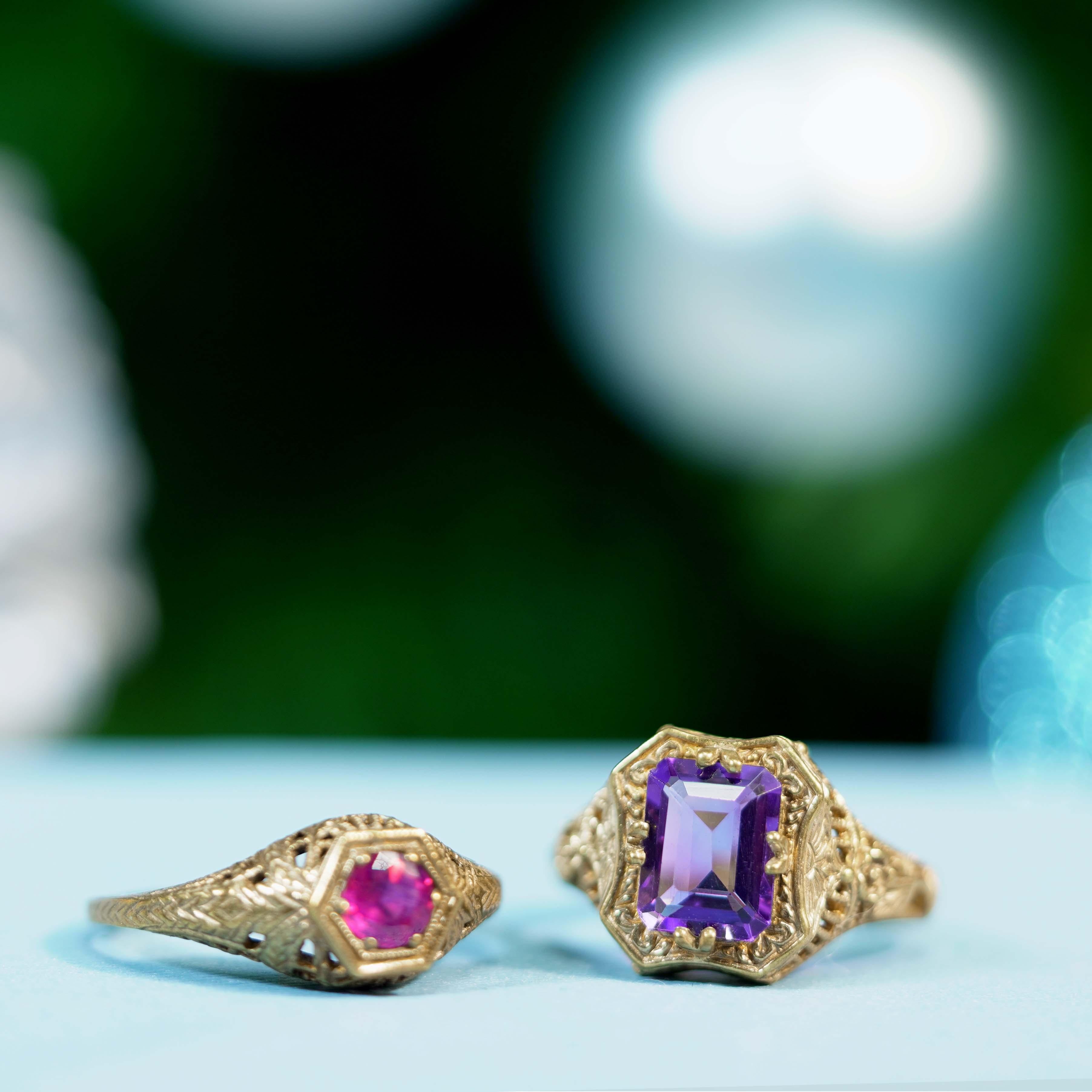 Bague filigrane de style vintage en or jaune 9 carats massif Pour femmes en vente