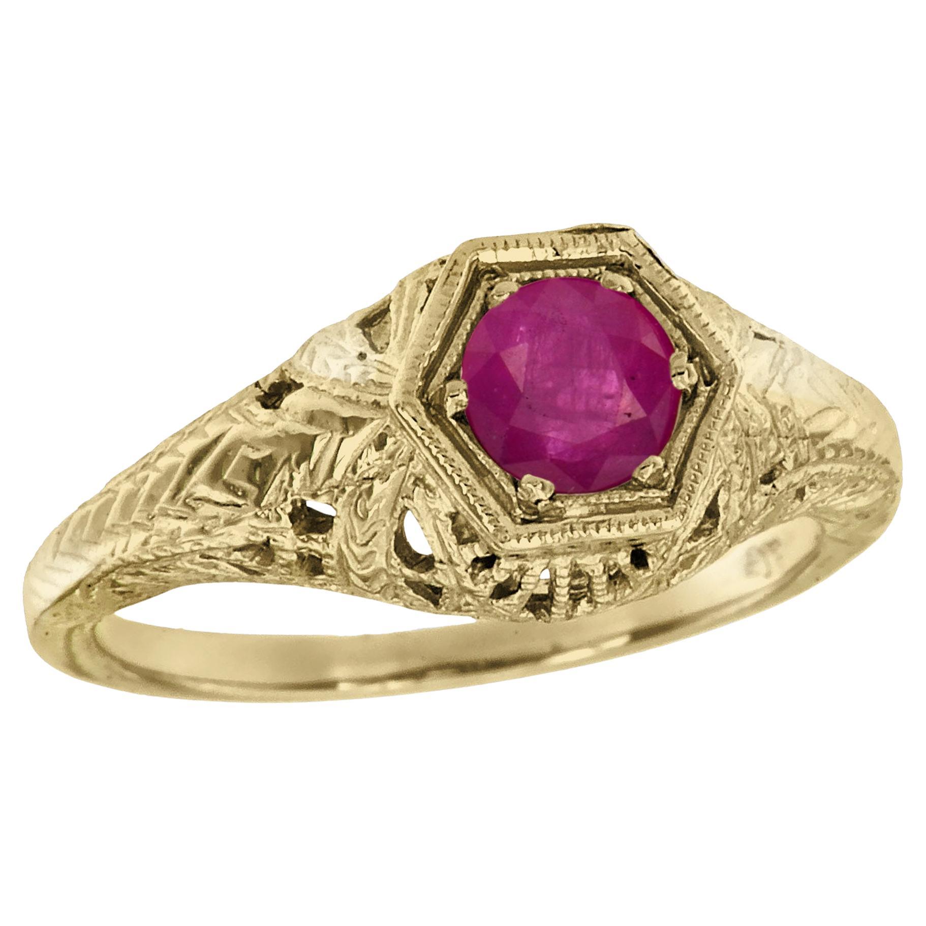 Natural Ruby Vintage Style Filigree Ring in Solid 9K Yellow Gold For Sale
