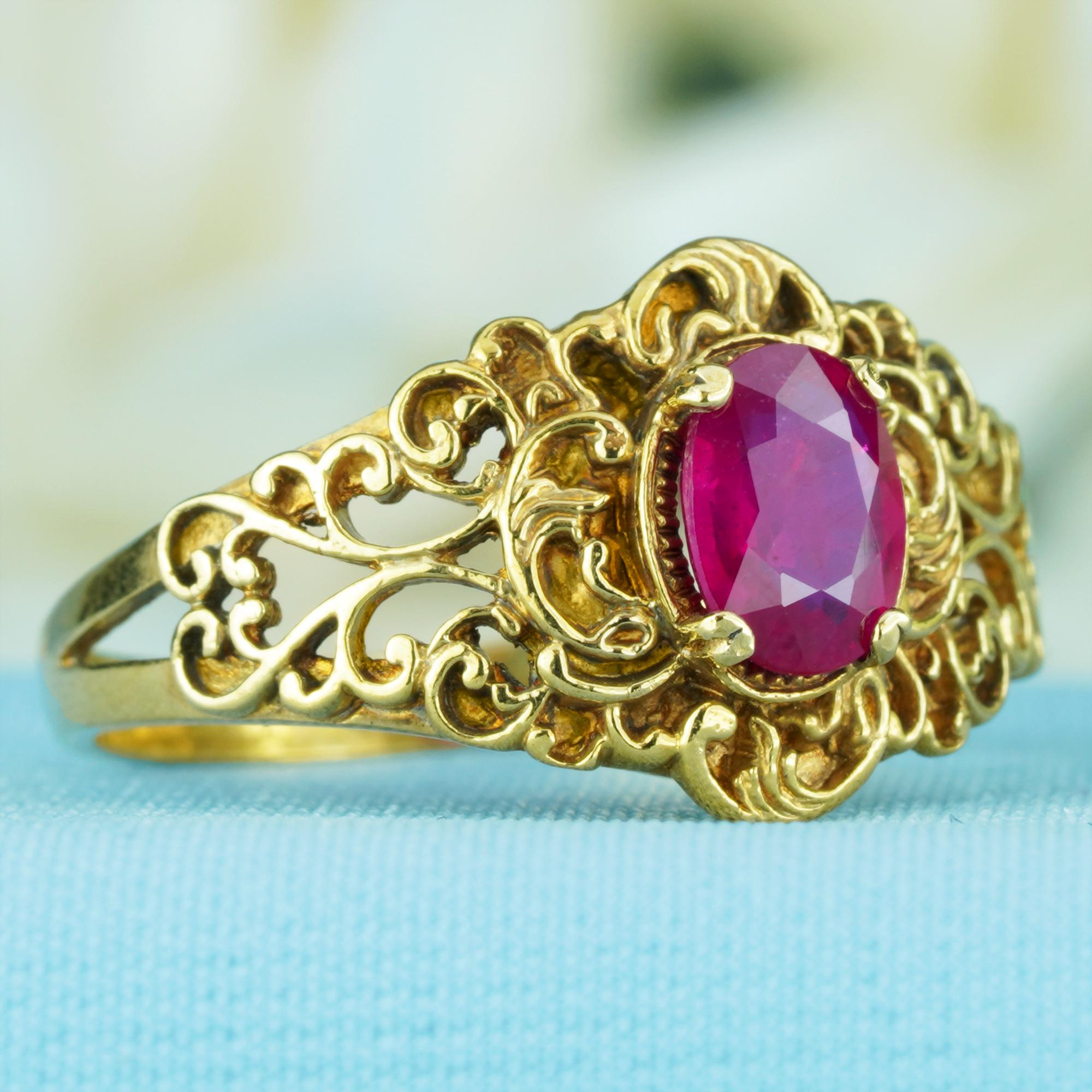 Victorian Natural Ruby Vintage Style Floral Filigree Ring in Solid 9K Yellow Gold For Sale
