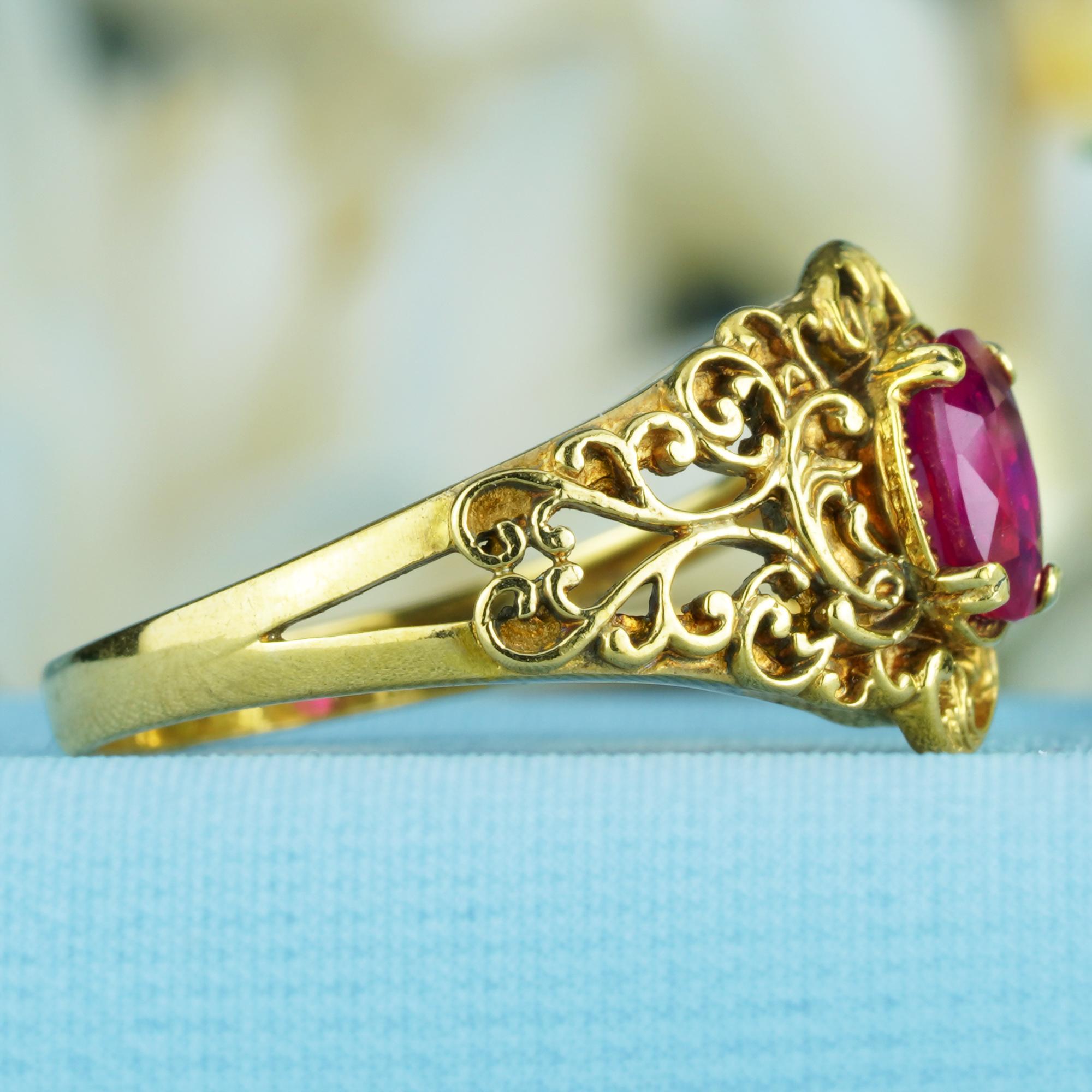 Oval Cut Natural Ruby Vintage Style Floral Filigree Ring in Solid 9K Yellow Gold For Sale