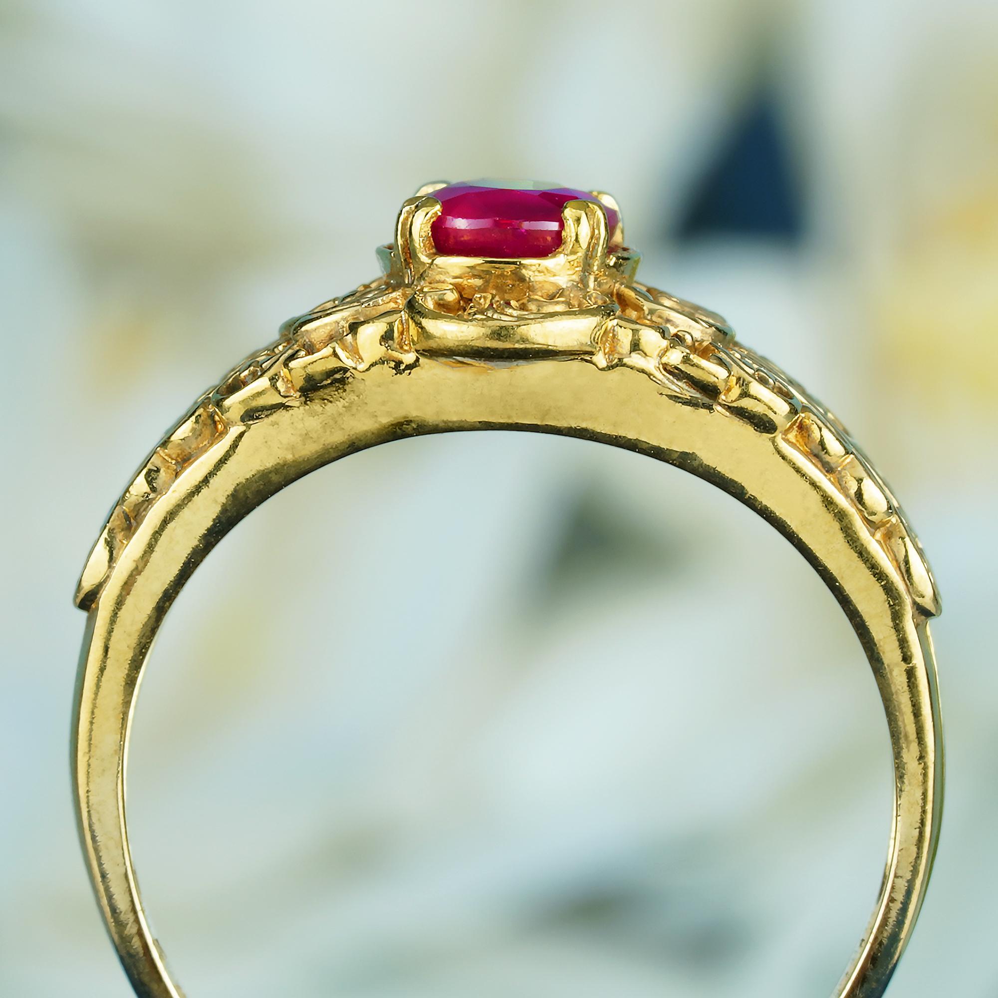Natural Ruby Vintage Style Floral Filigree Ring in Solid 9K Yellow Gold In New Condition For Sale In Bangkok, TH