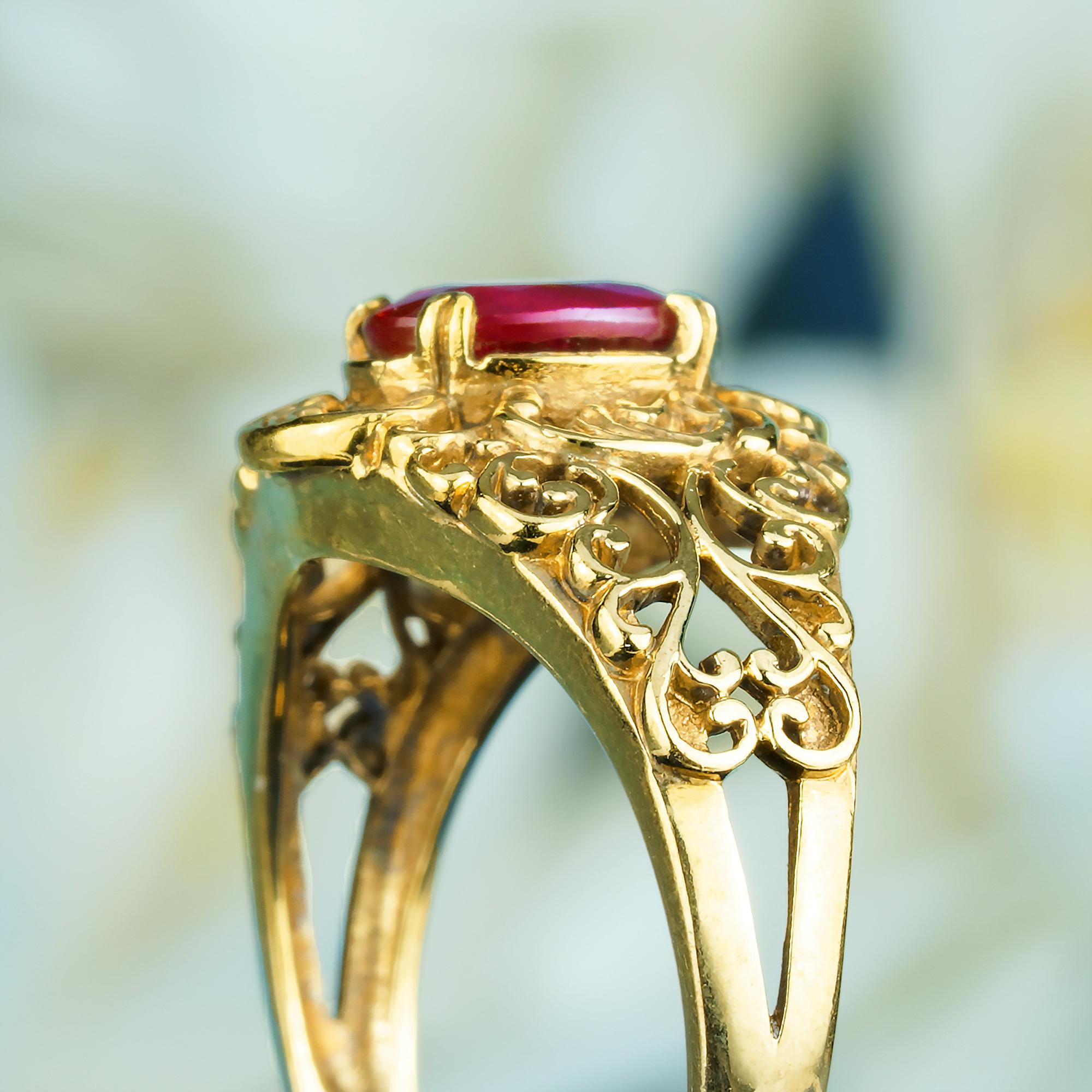 Women's Natural Ruby Vintage Style Floral Filigree Ring in Solid 9K Yellow Gold For Sale