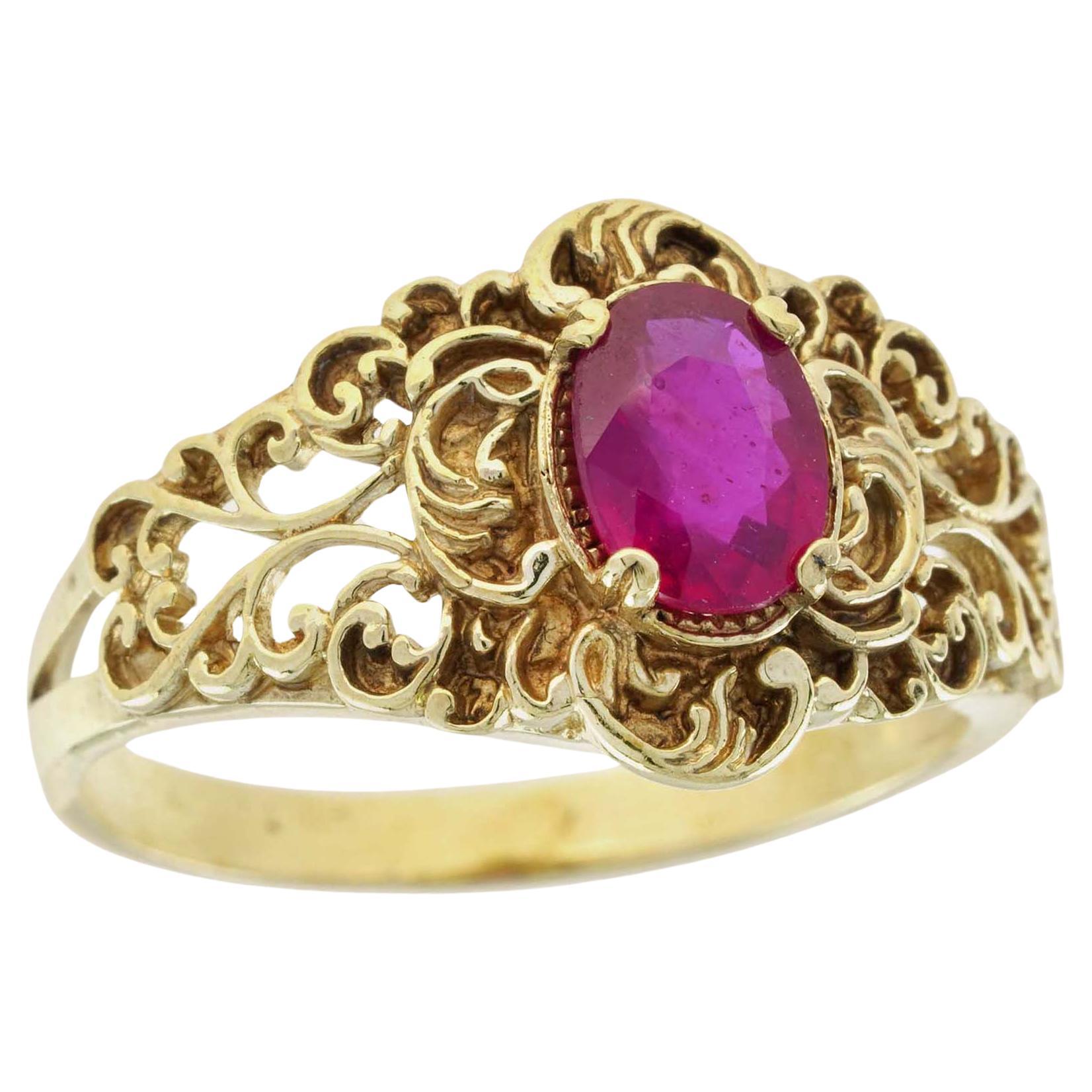Natural Ruby Vintage Style Floral Filigree Ring in Solid 9K Yellow Gold For Sale