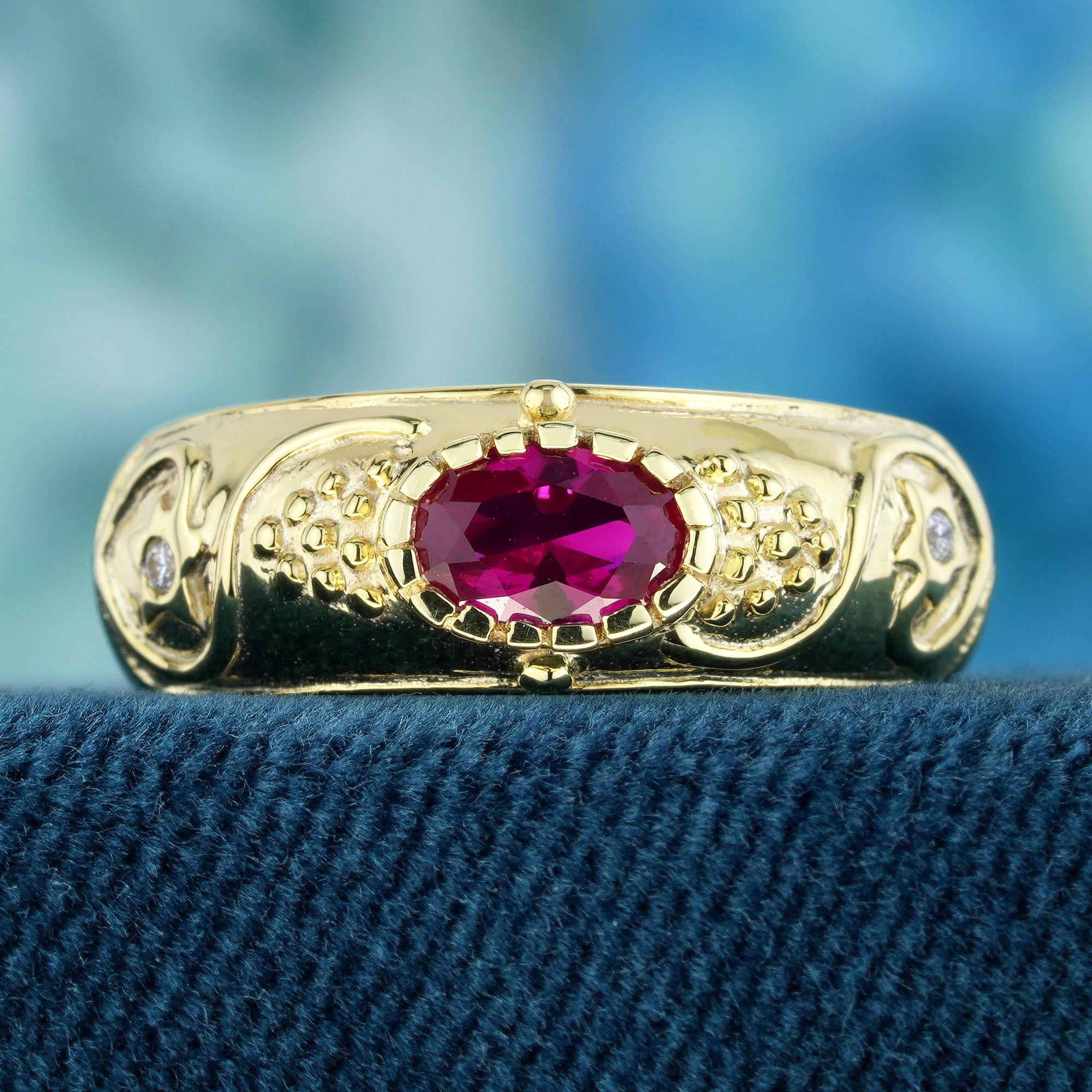 This vintage-style solitaire ring showcases a single, oval-shaped ruby nestled in a milgrain setting on a wide yellow gold band adorned with intricate small round diamonds and milgrain details. With its classic and elegant design, this ring is a