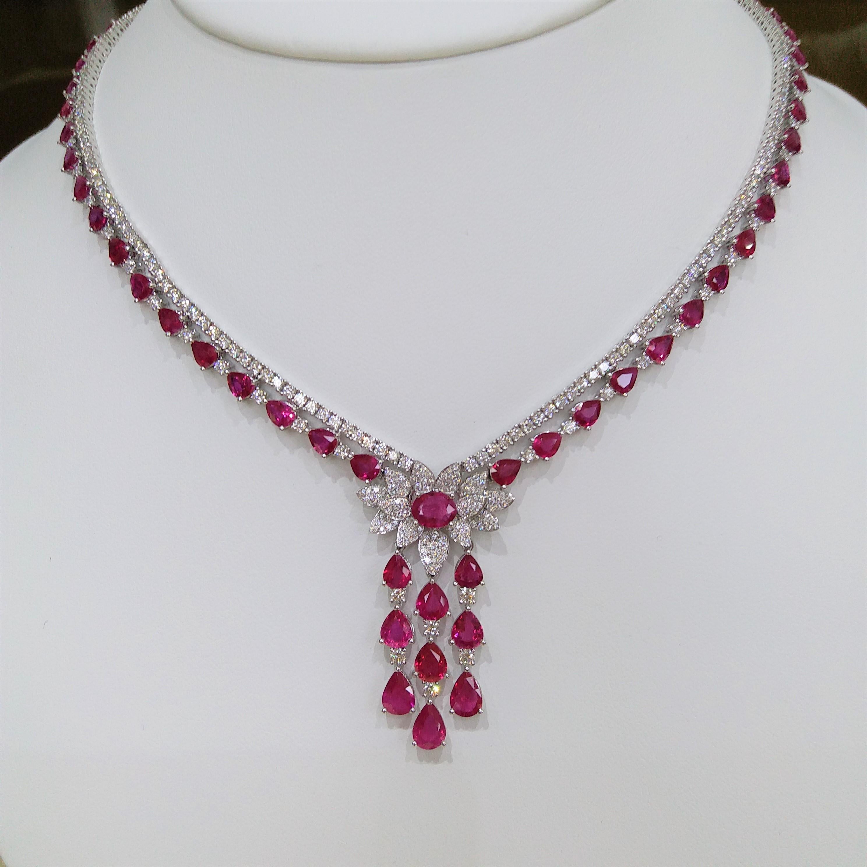 Contemporary Natural Ruby White Diamond 18K White Gold Eternity Necklace