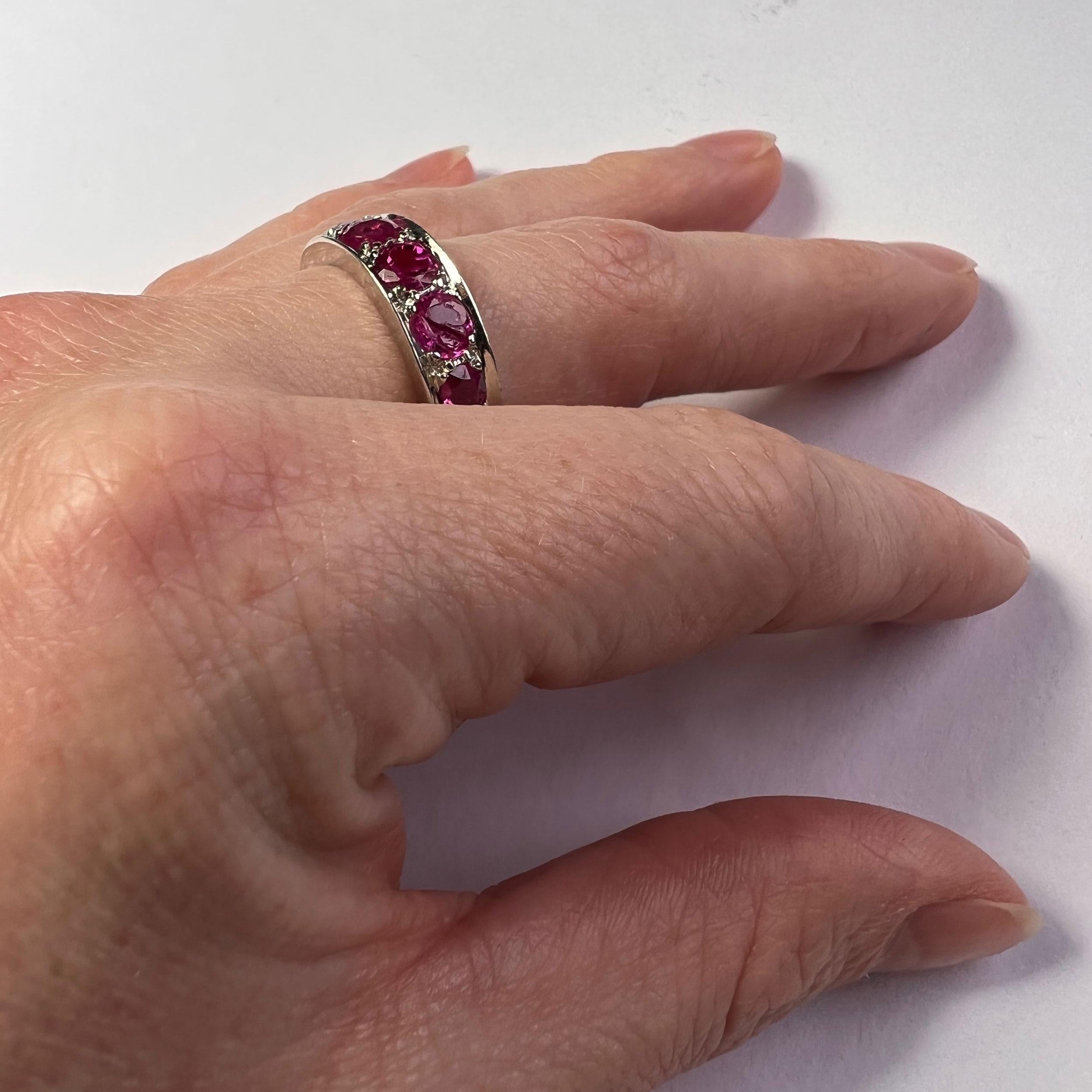 Cushion Cut Natural Ruby White Gold Eternity Band Ring