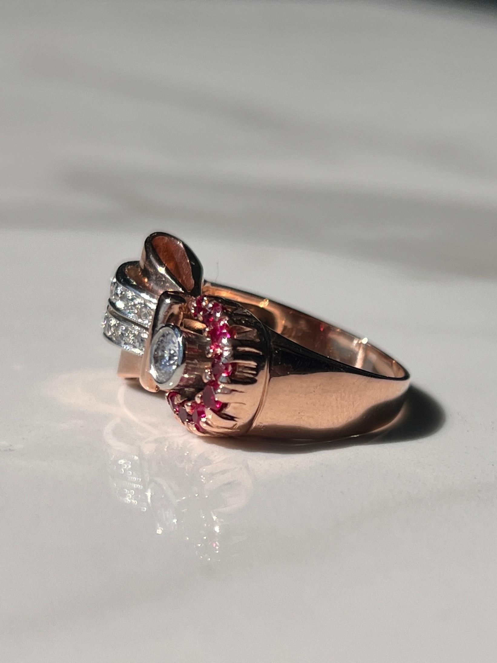 Brilliant Cut Natural Rudy & Diamond Retro Ring 14kt Rose Gold For Sale