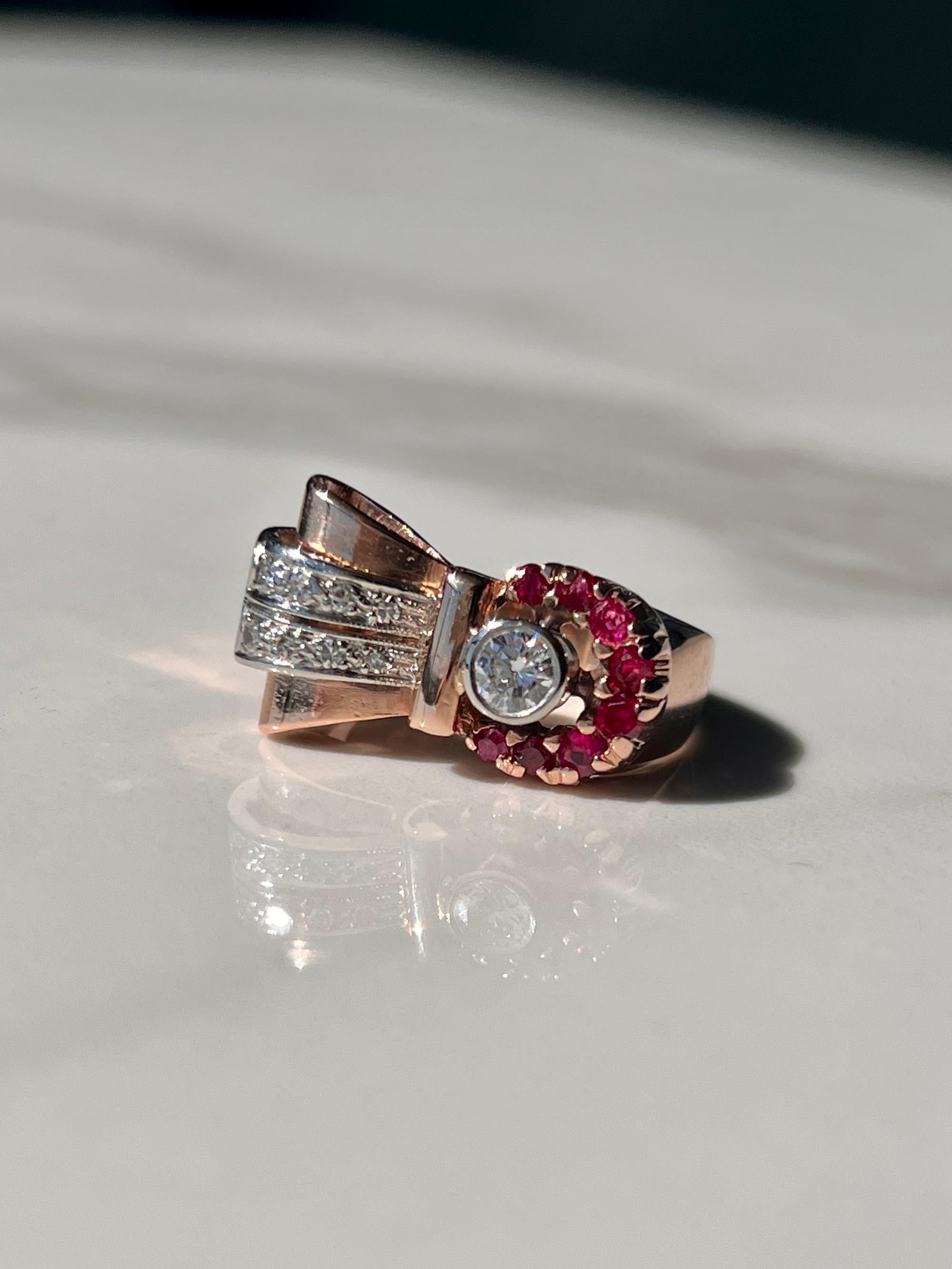 Natural Rudy & Diamond Retro Ring 14kt Rose Gold For Sale 1