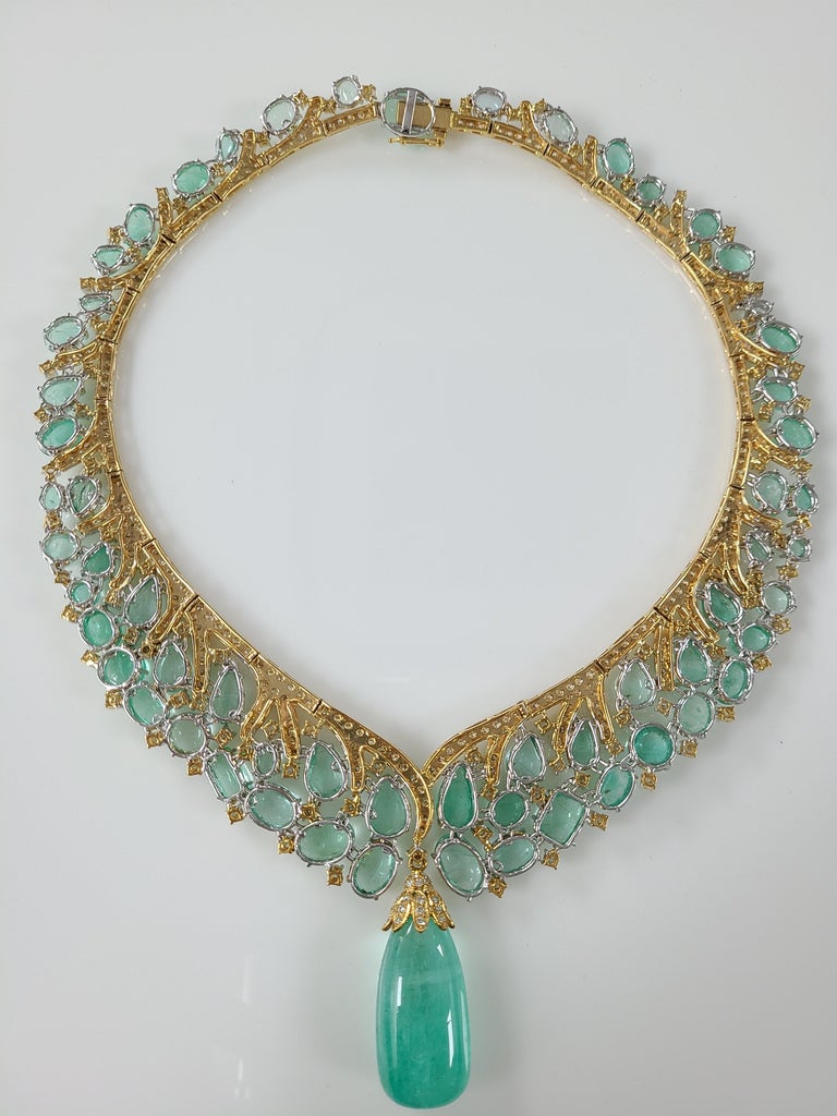 Natural Russian Emerald Necklace Set in 18 Karat Gold with Diamonds at
